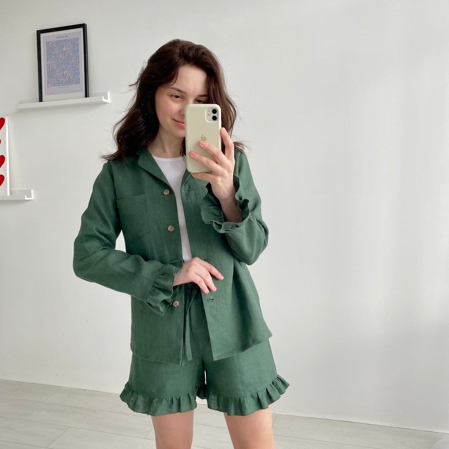 Sage Green Linen Ruffled Shirt and Shorts Set