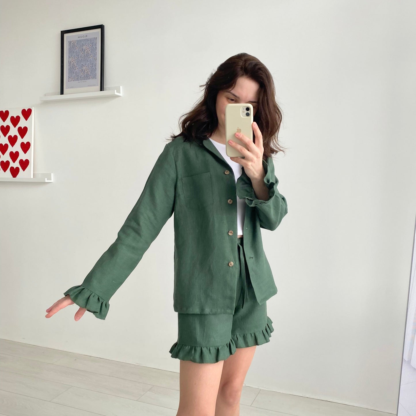 Sage Green Linen Ruffled Shirt and Shorts Set