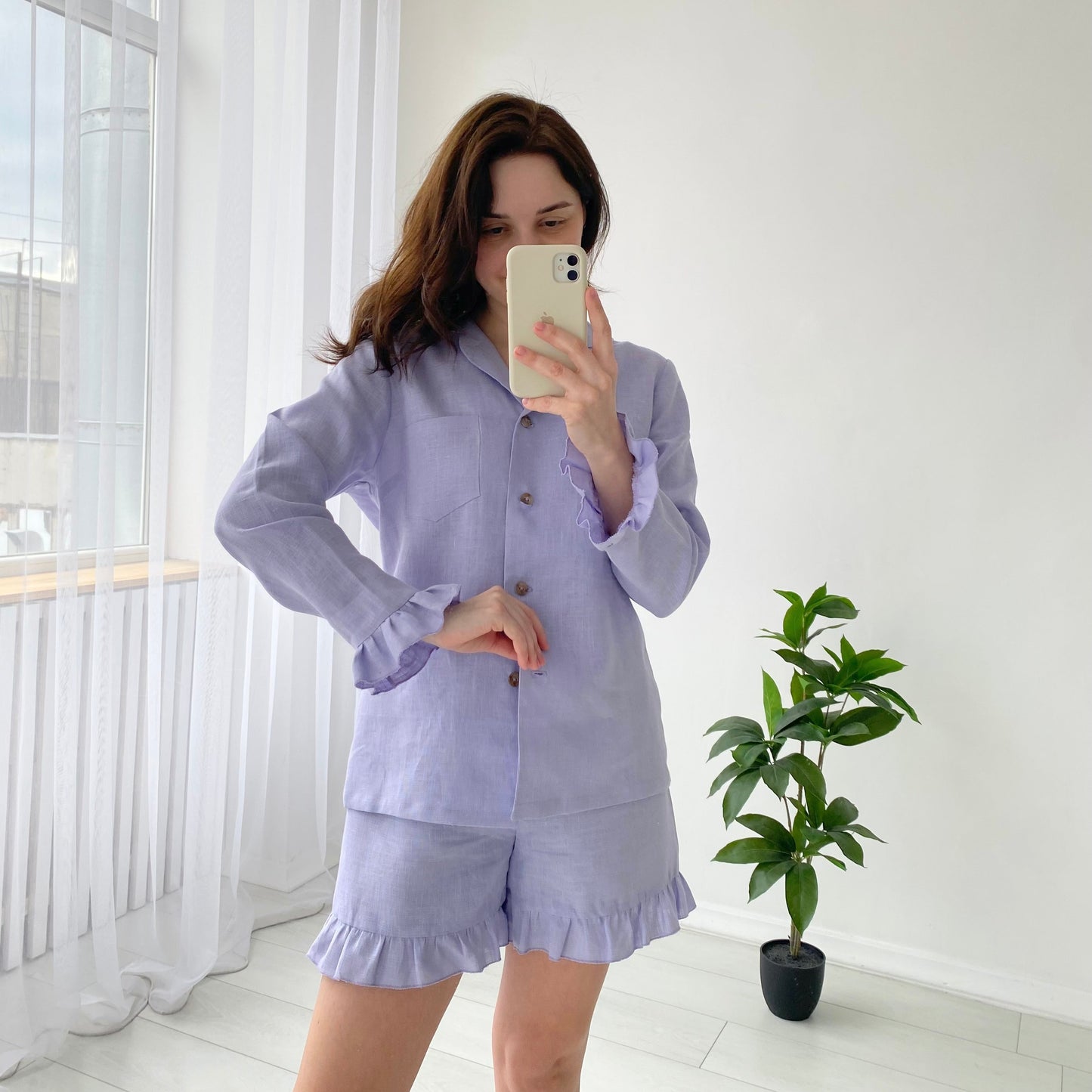 Lavender Linen Ruffled Shirt and Shorts Set