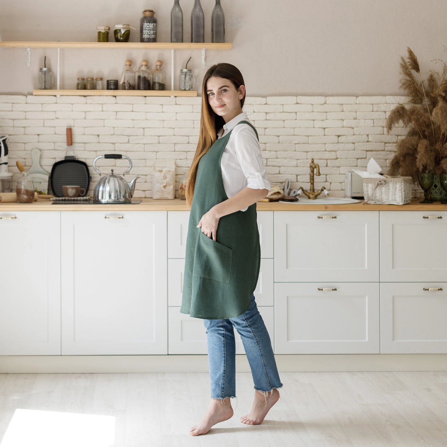 Unisex Green Pinafore Apron from Linen