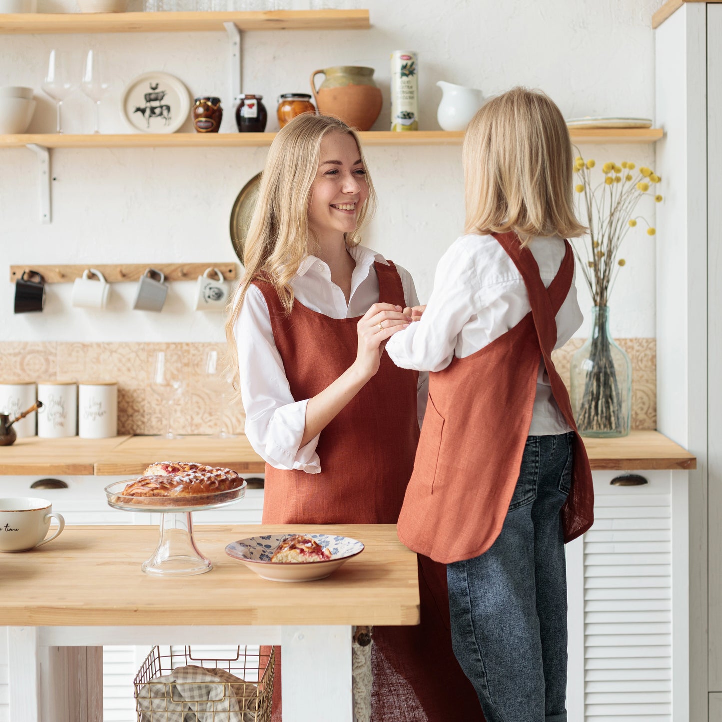 Kids cooking apron cross back in terracotta
