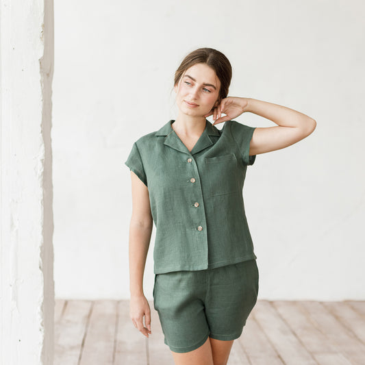 Women's linen pajama set in olive