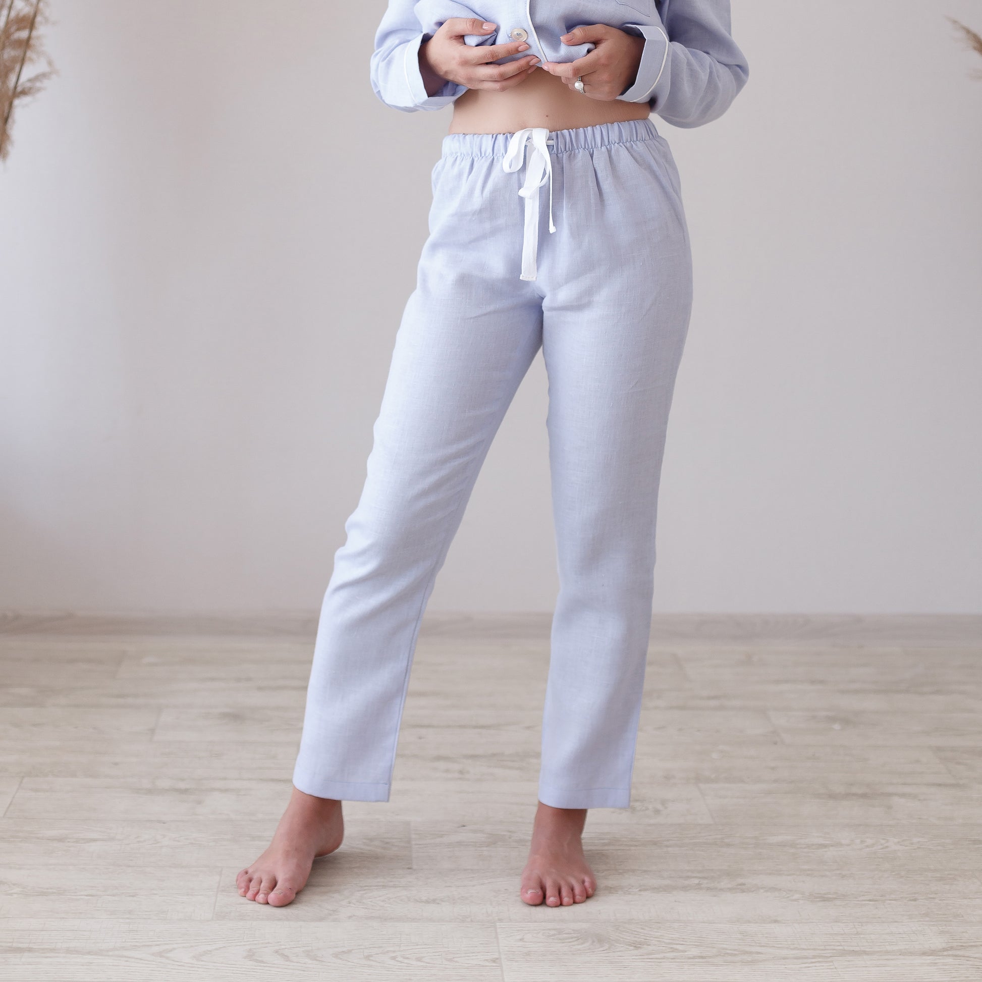 Sky Blue Linen Pajama Pants - Front View