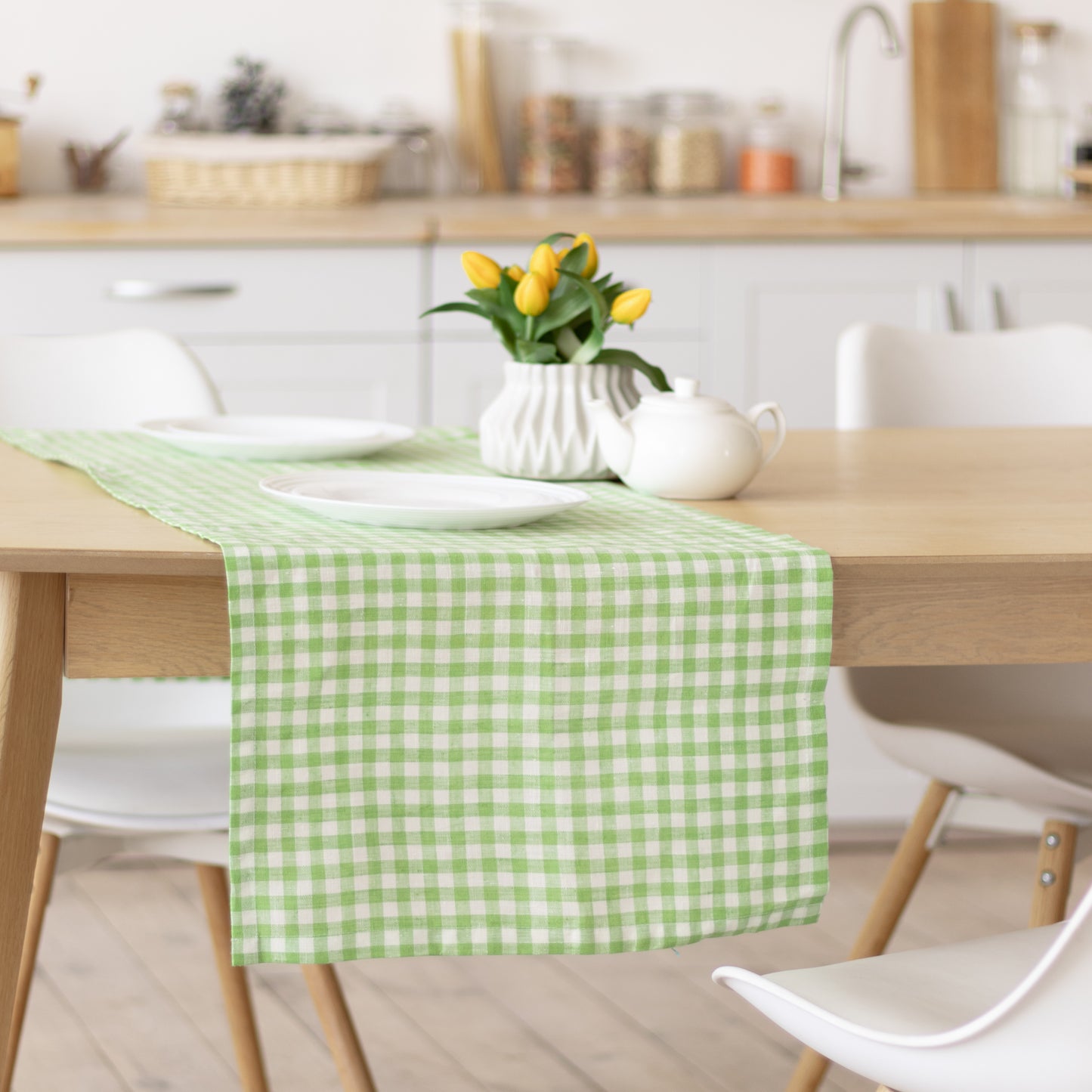 Linen table runner in green plaid