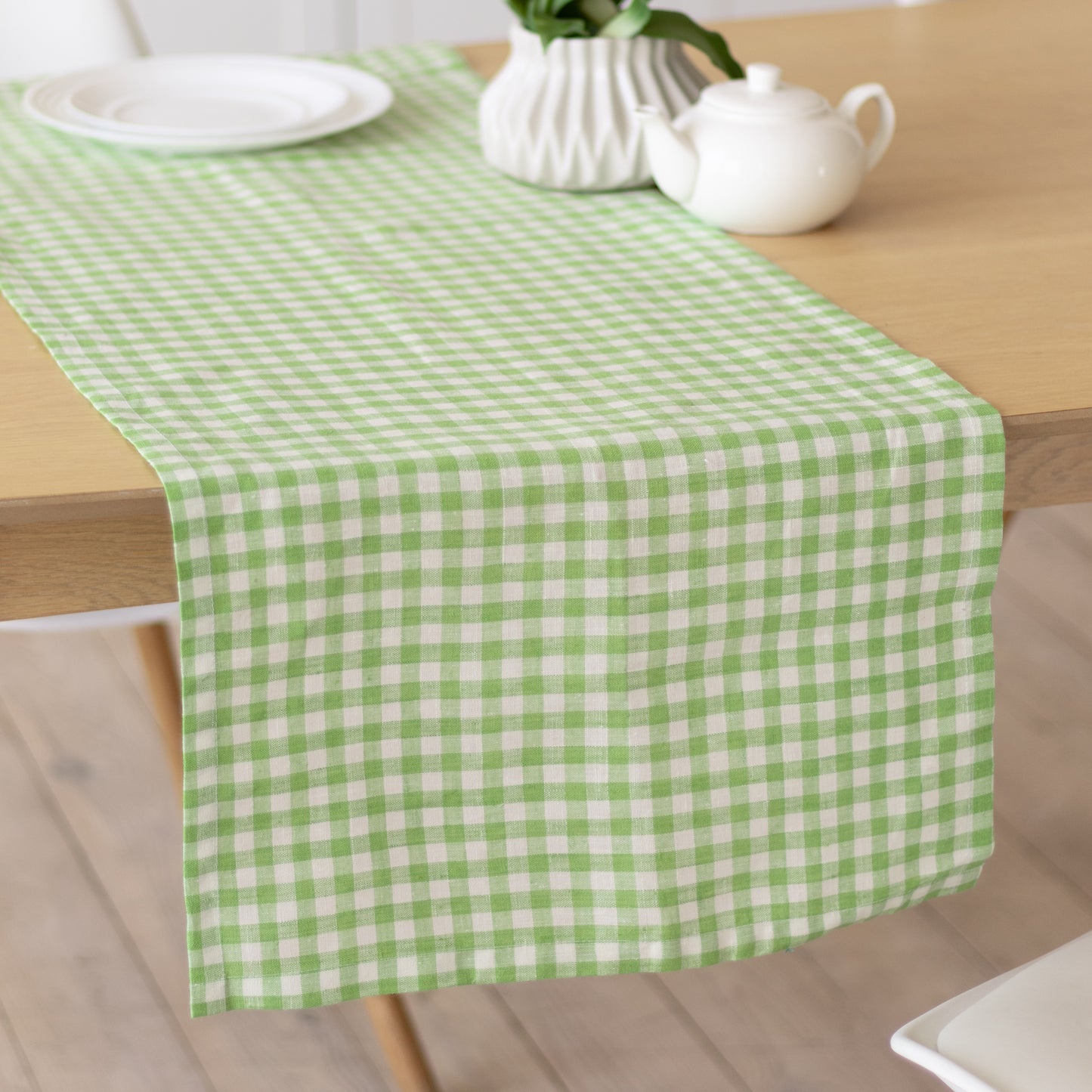 Linen table runner in green plaid