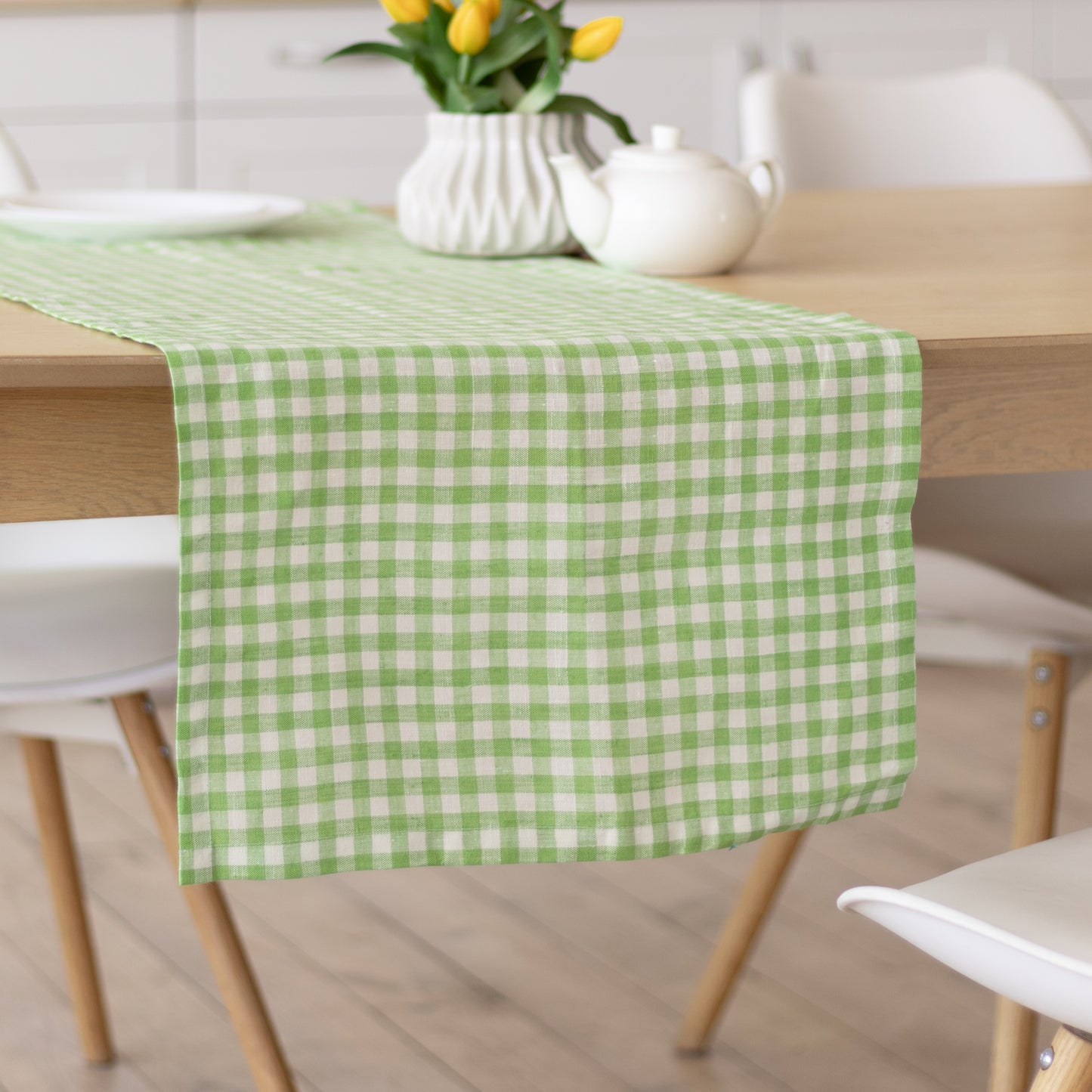 Linen table runner in green plaid