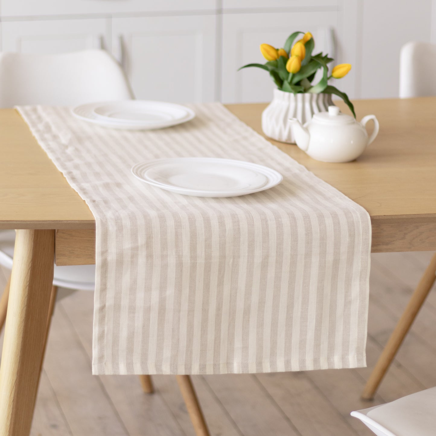 Beige striped linen table runner