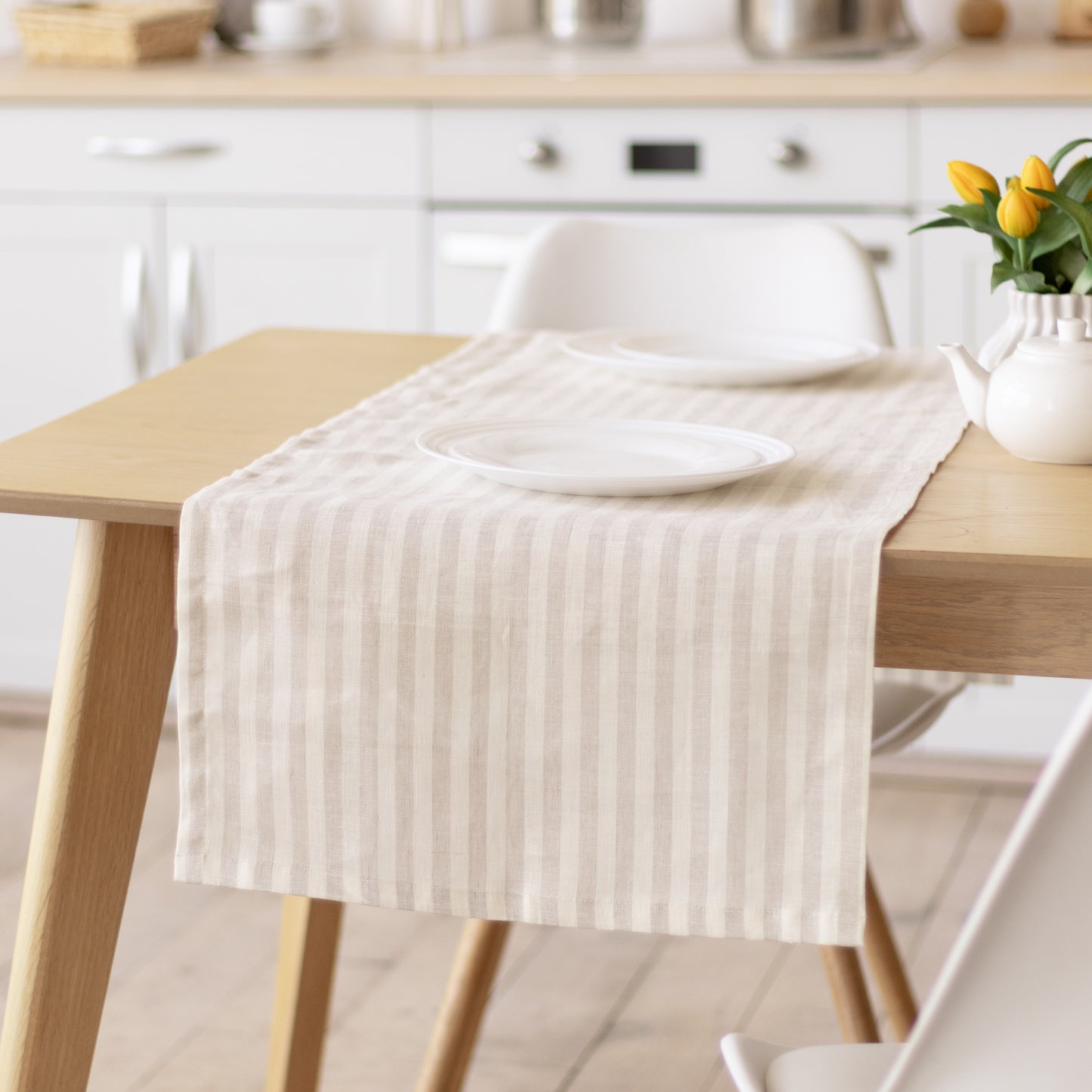 Beige striped linen table runner