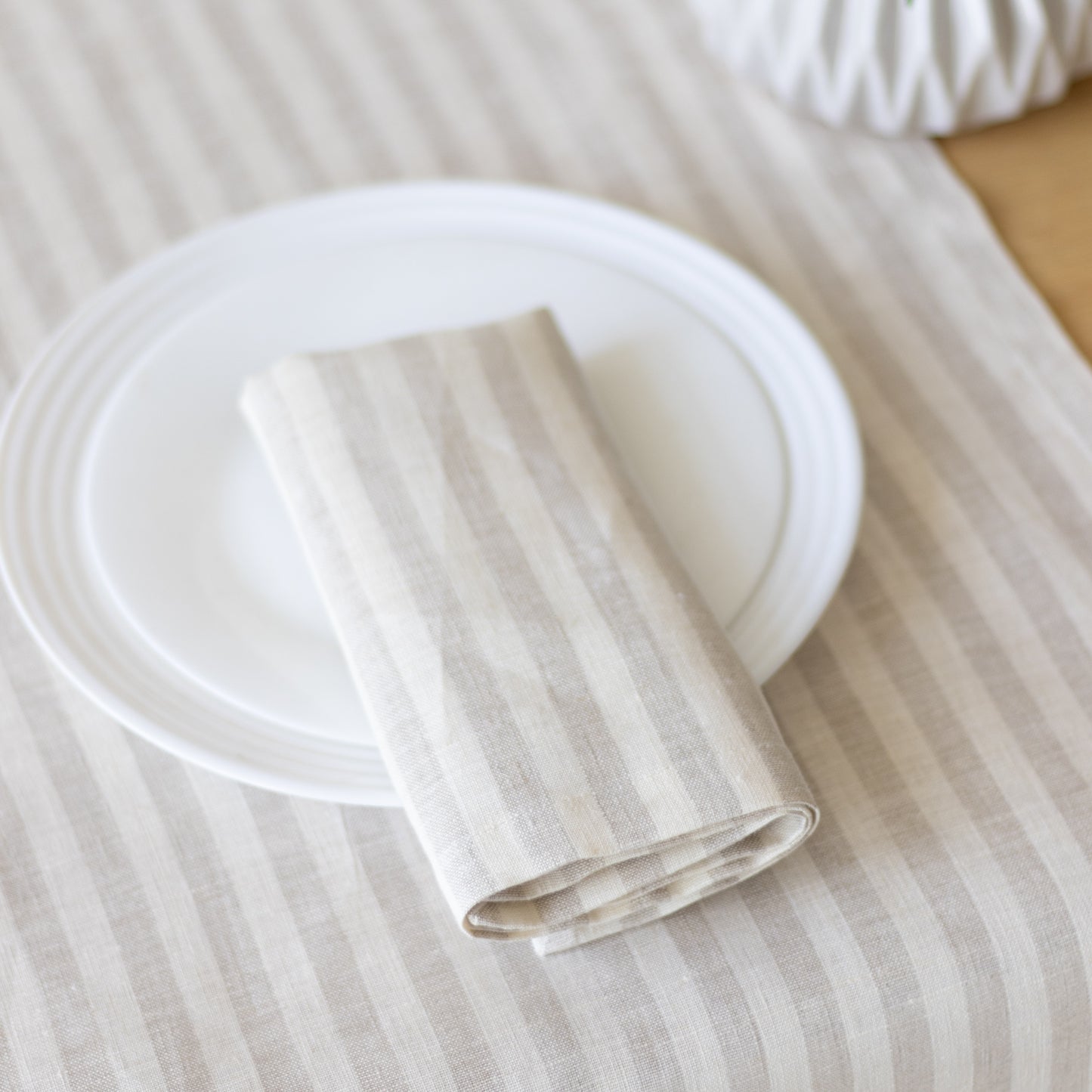 Beige striped linen table runner