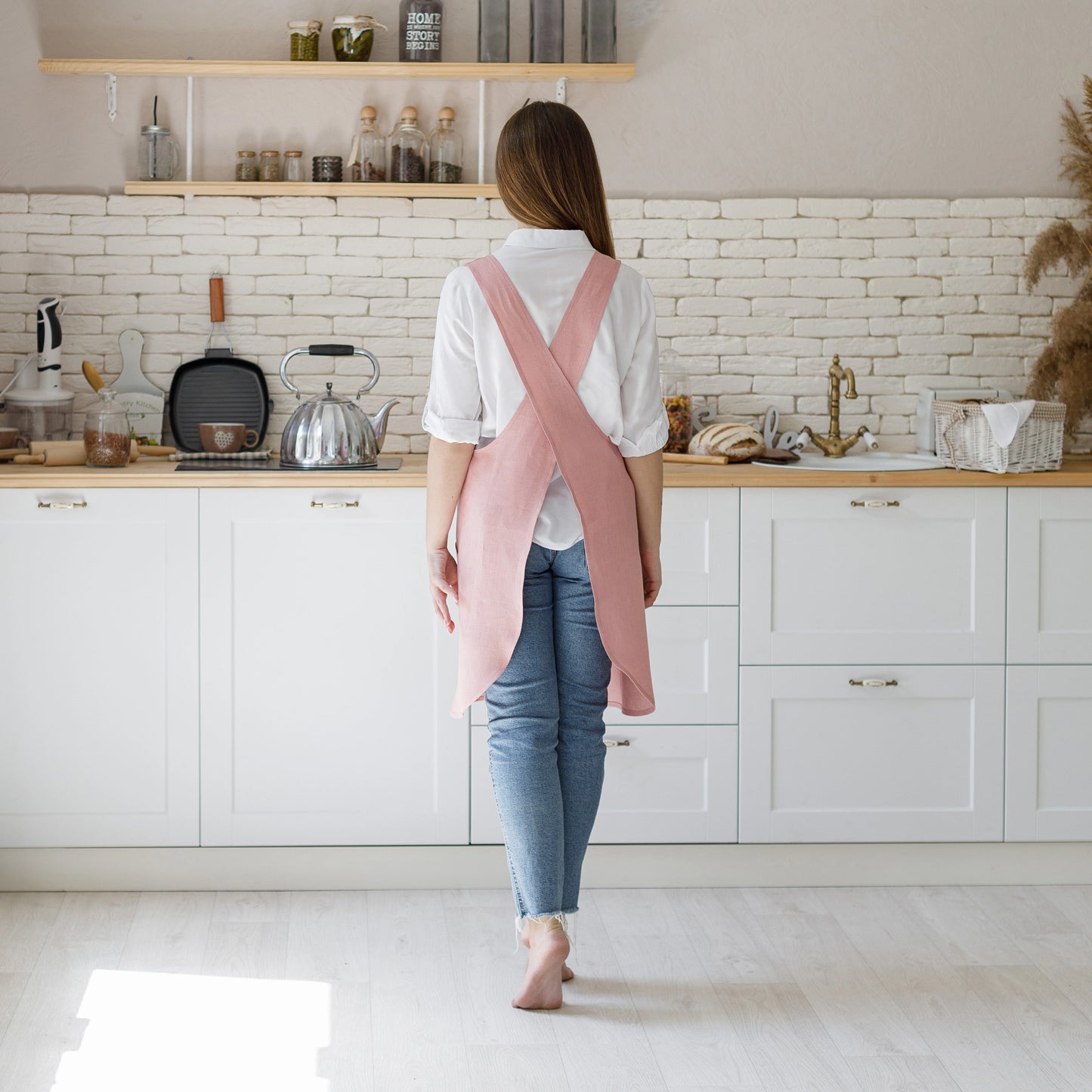 Womens Pink Pinafore Cross Back Apron from Linen