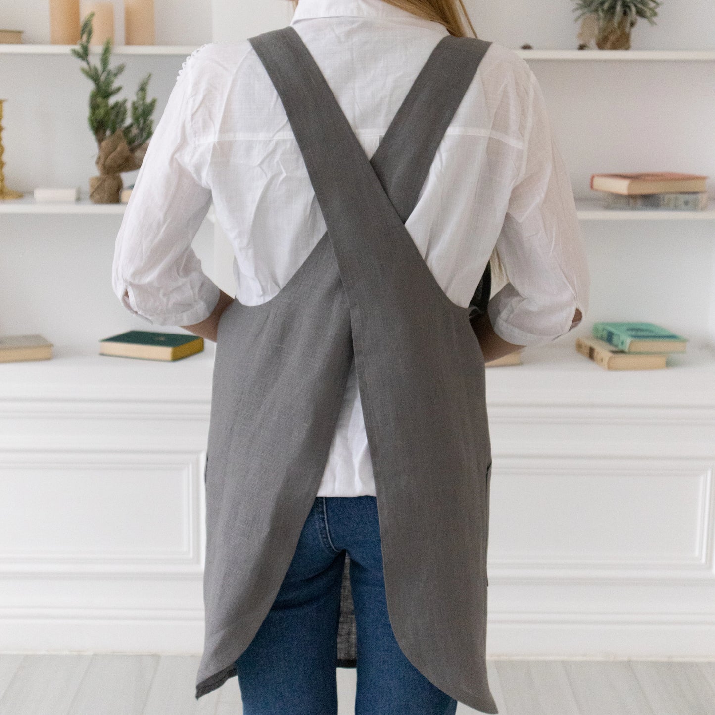 Linen Unisex Gray Cross Back Apron