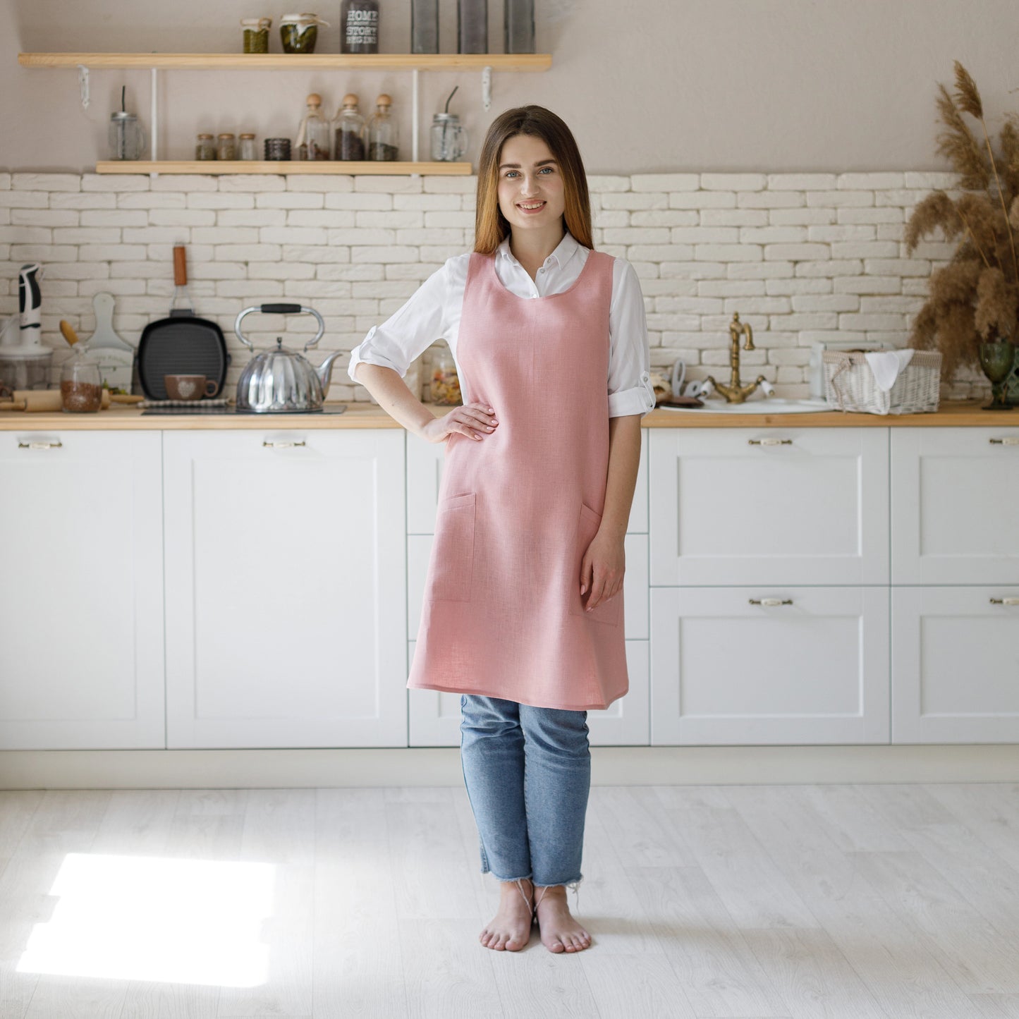 Womens Pink Pinafore Cross Back Apron from Linen