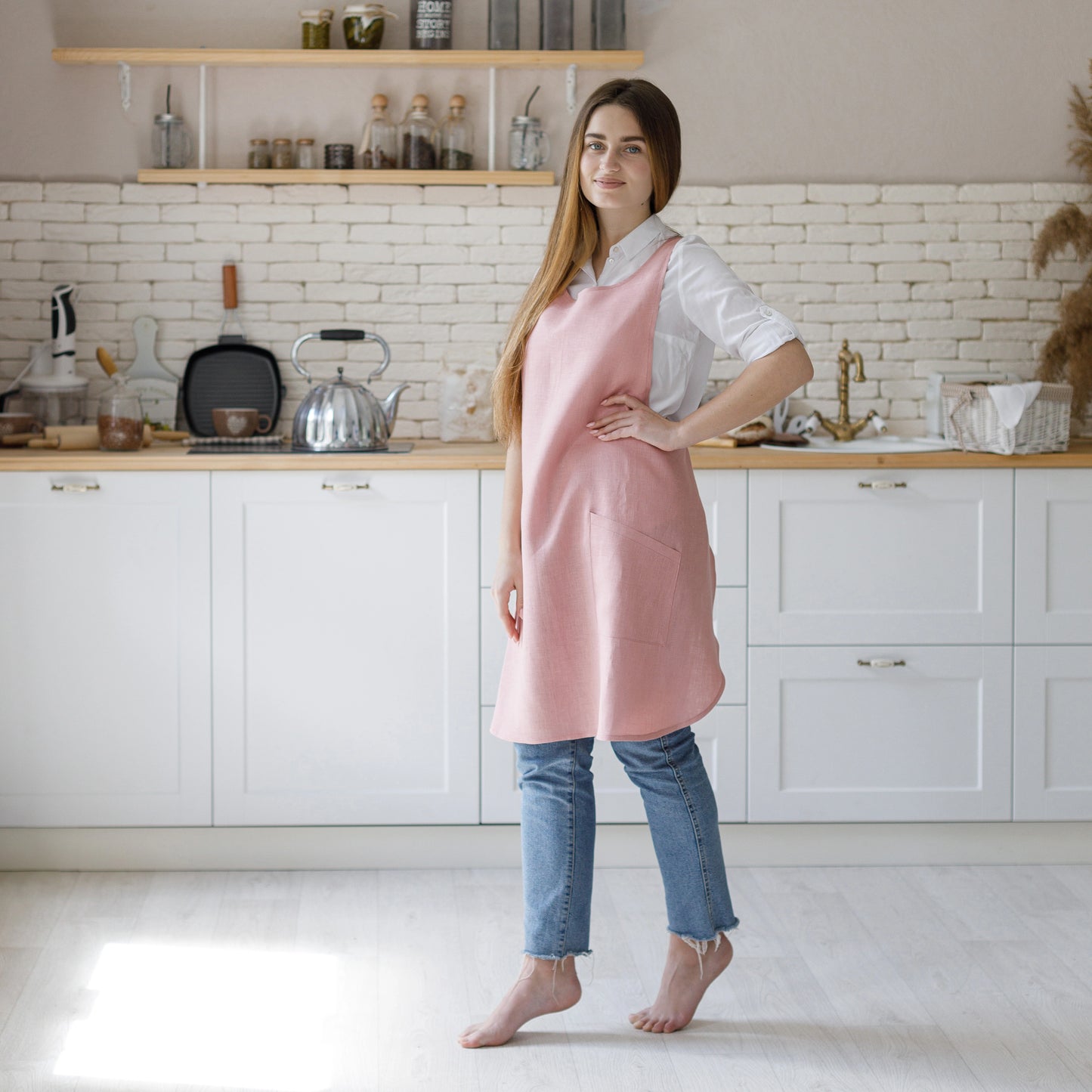 Womens Pink Pinafore Cross Back Apron from Linen