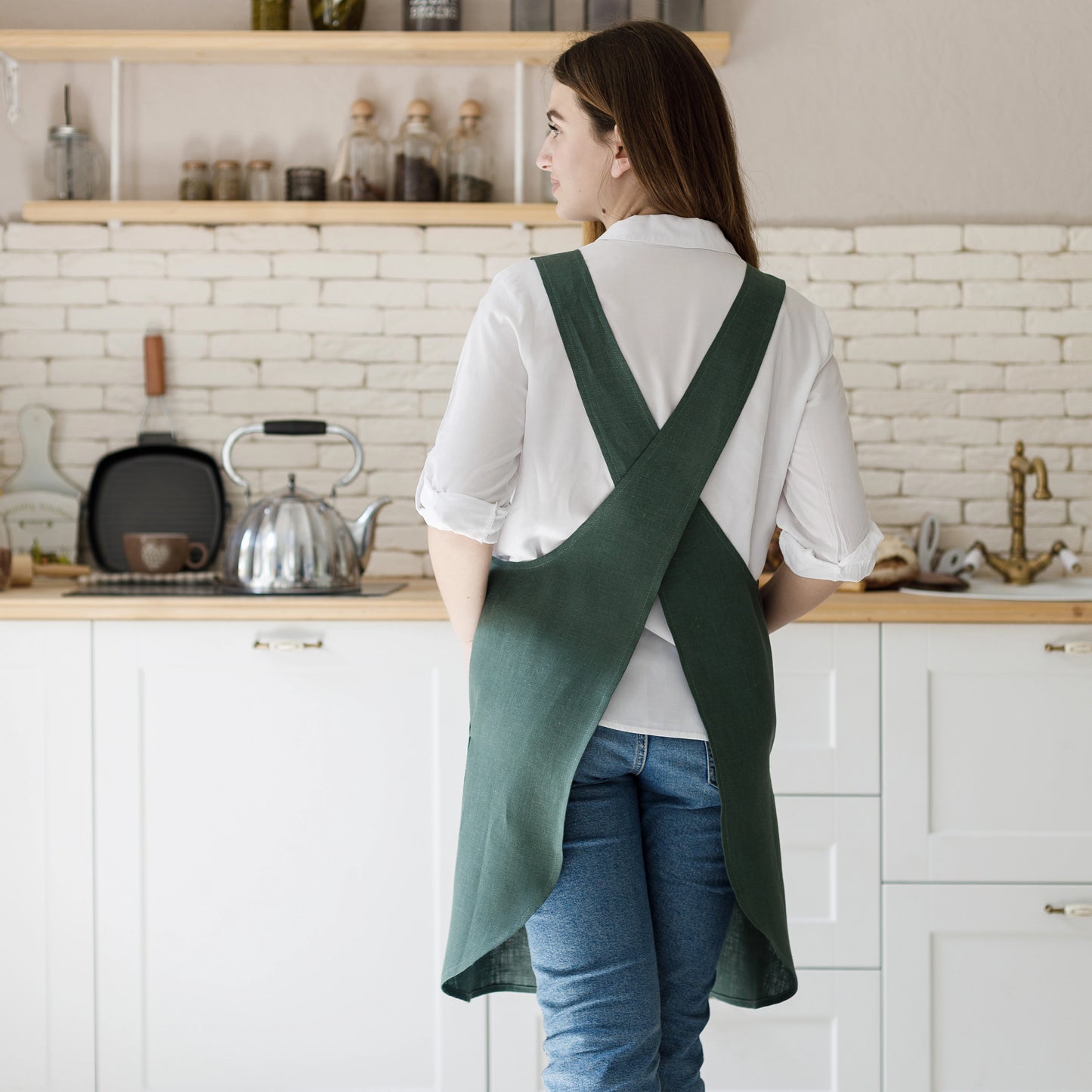 Unisex Green Pinafore Apron from Linen