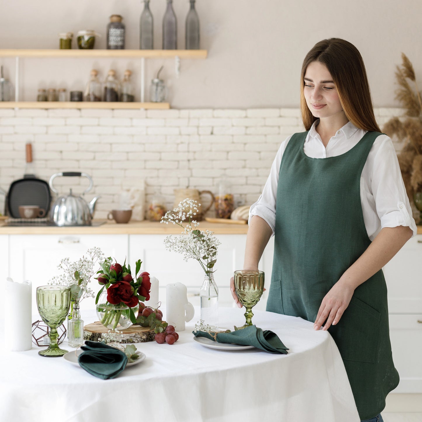 Unisex Green Pinafore Apron from Linen