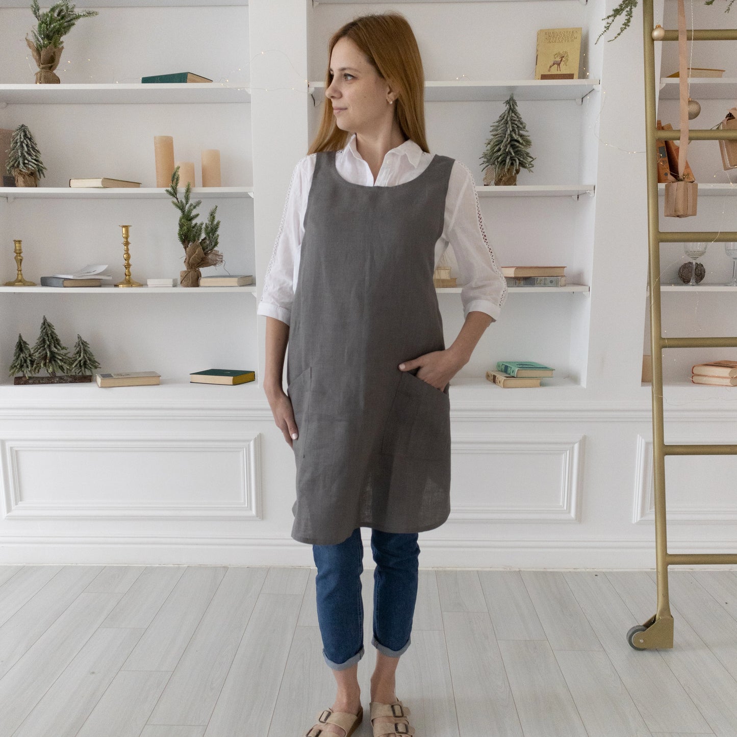 Linen Unisex Gray Cross Back Apron