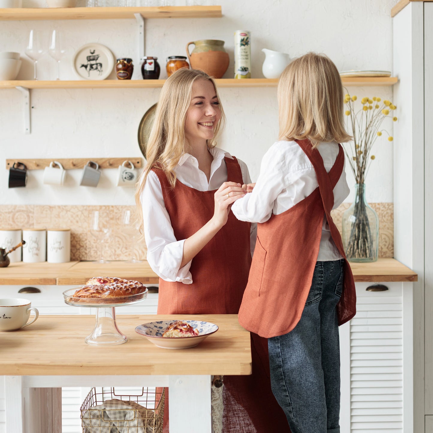 Kids cooking apron cross back in terracotta