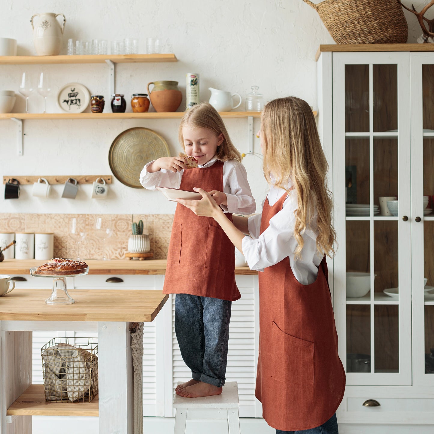 Kids cooking apron cross back in terracotta