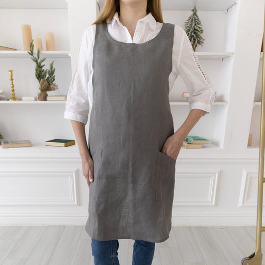 Linen Unisex Gray Cross Back Apron