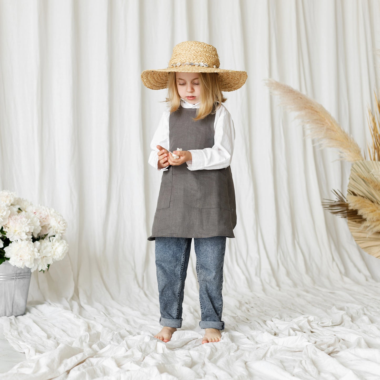 Cross Back Linen Apron Pinafore for Children