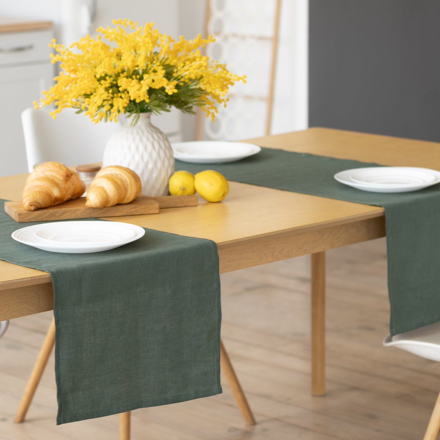 Green table runner in 100% linen