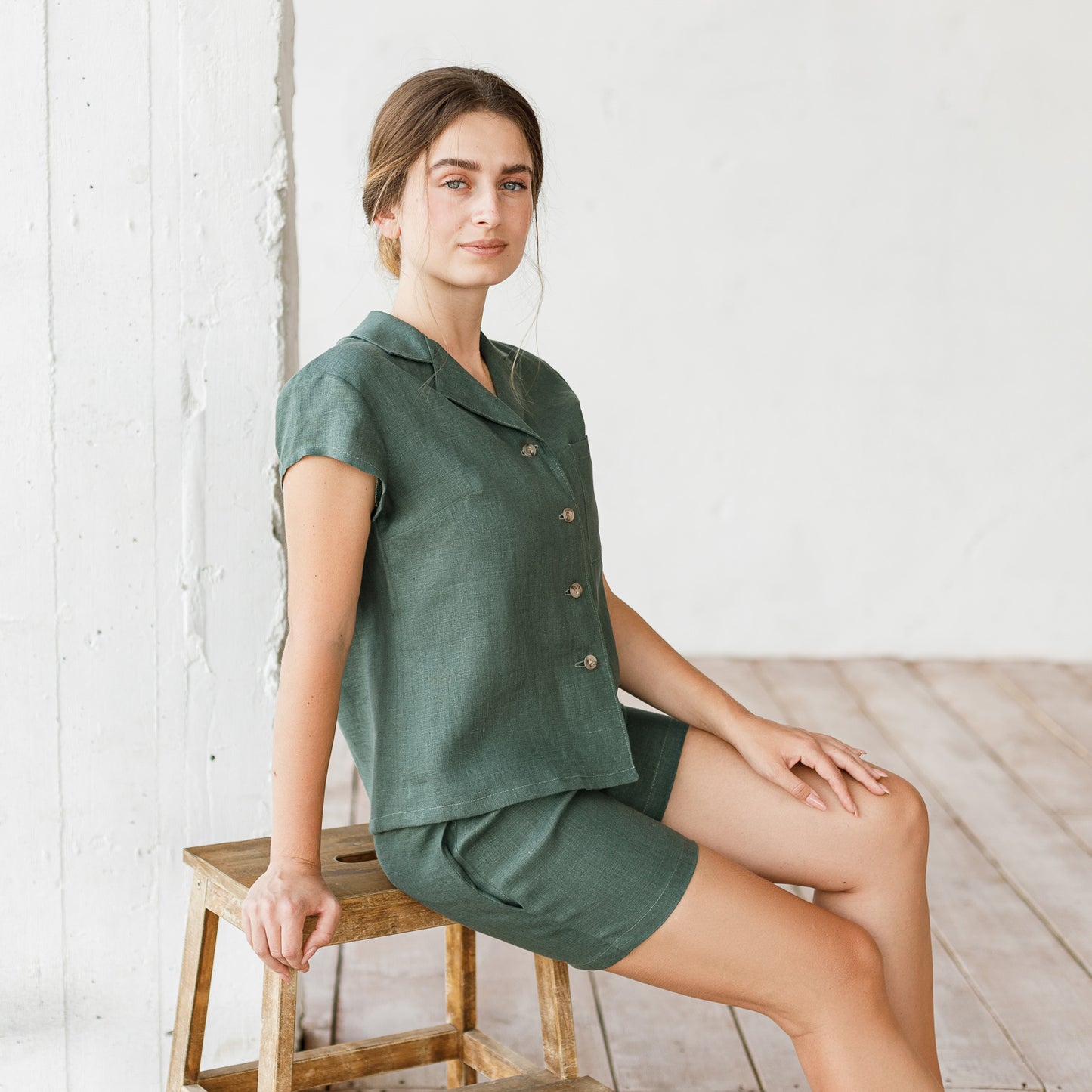 Women's linen pajama set in olive