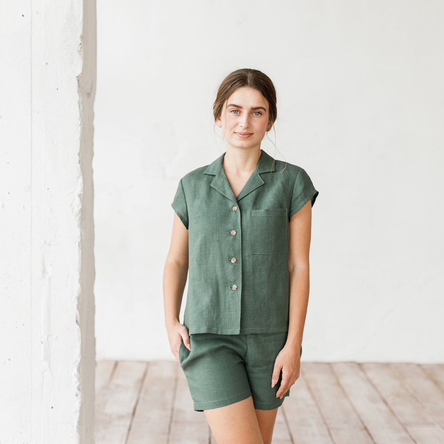 Women's linen pajama set in olive