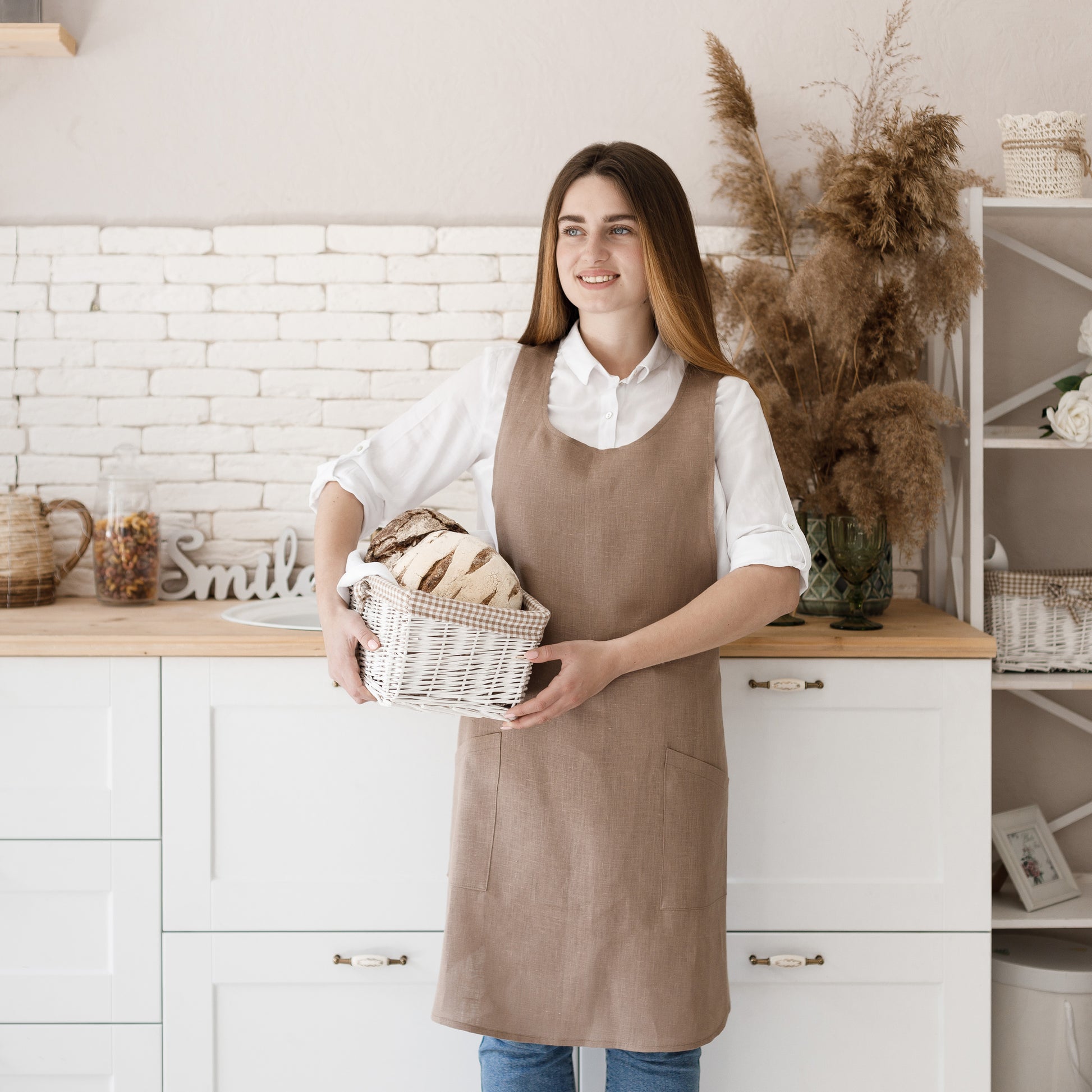 On Sale Linen No-Tie Cross Back Apron with Two Pockets