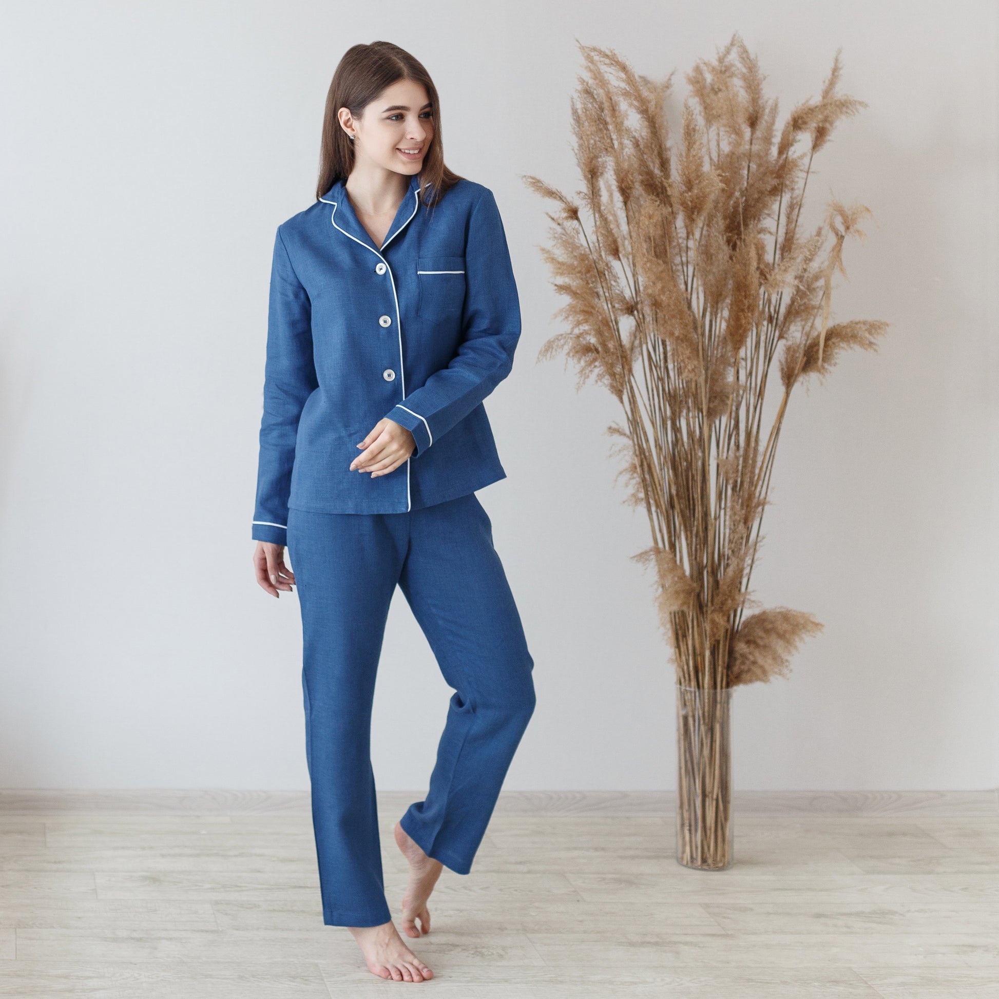 Blue linen pajama set with white piping detail