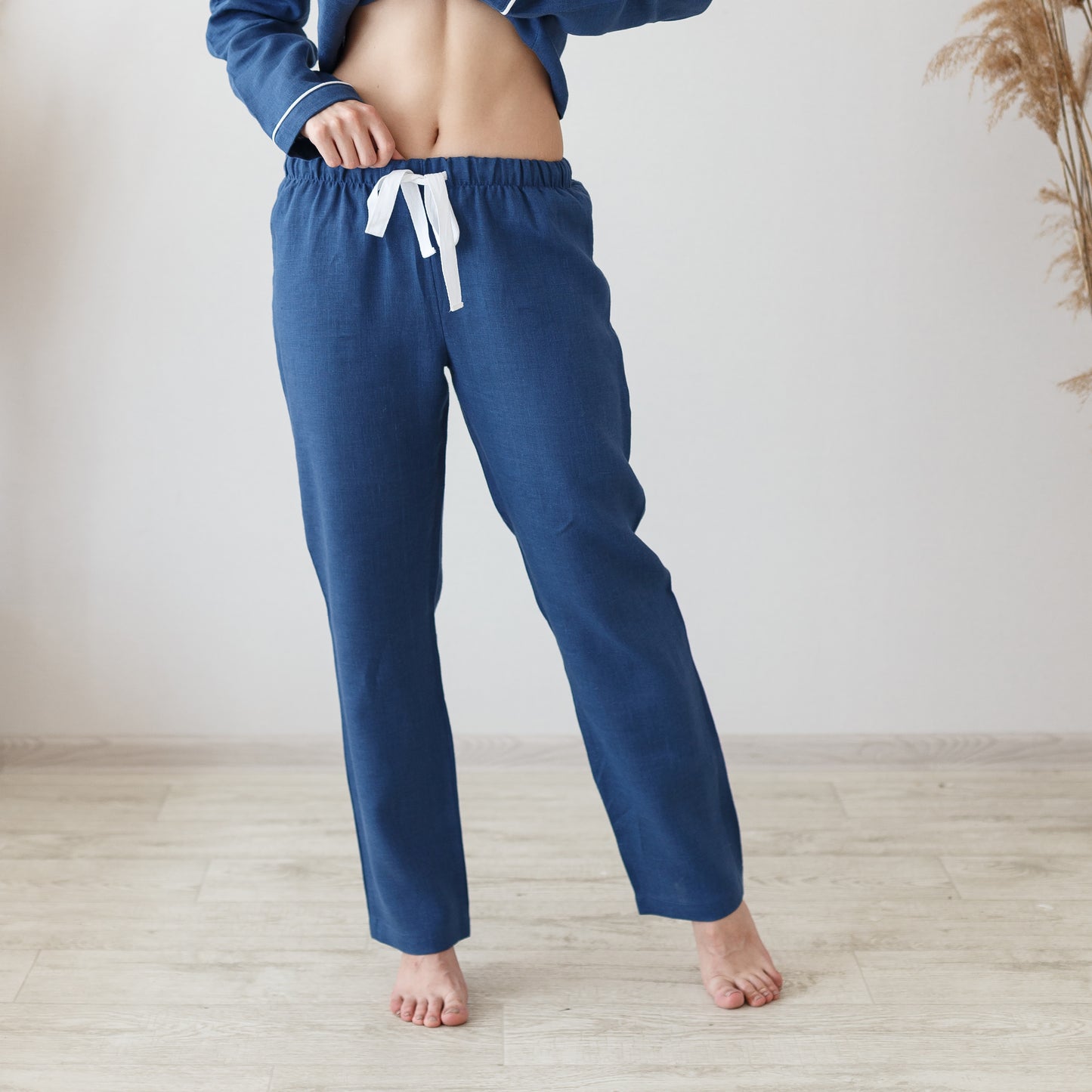 Blue Linen Pajama Set with Piping - Cozy and Stylish Nightwear