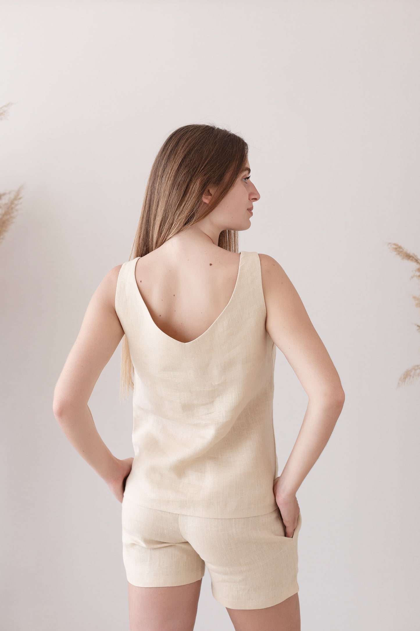 Beige Linen Tank Top and Shorts - Back View