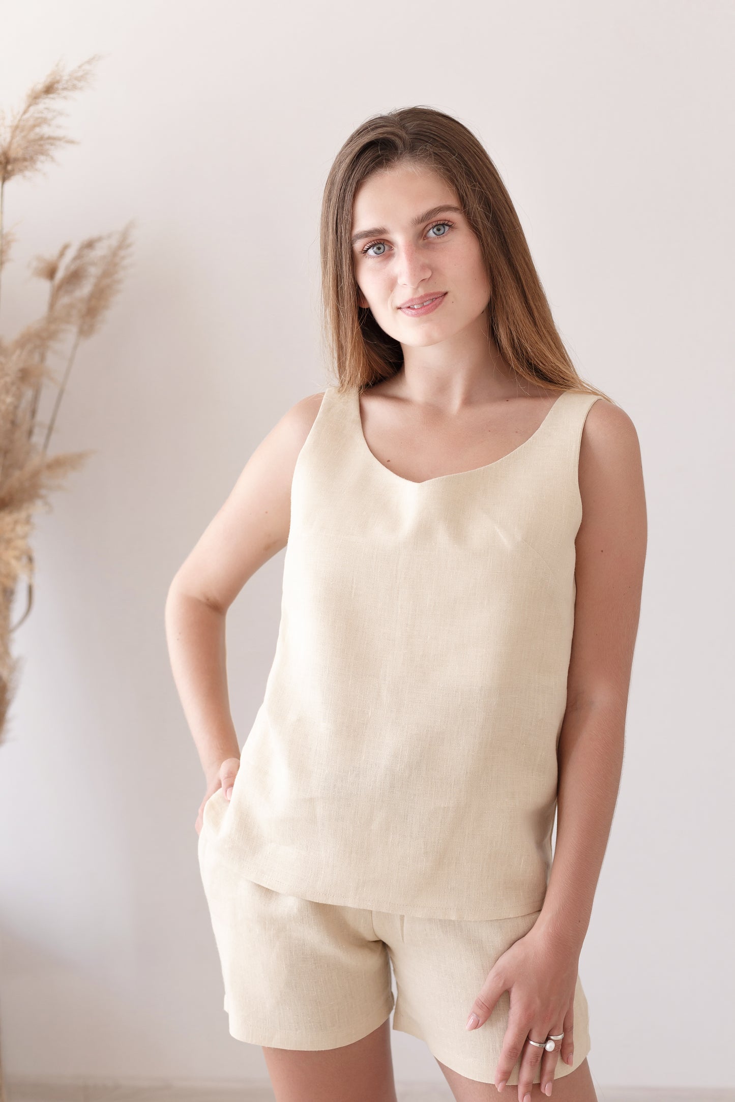 Beige linen tank top with V-neckline