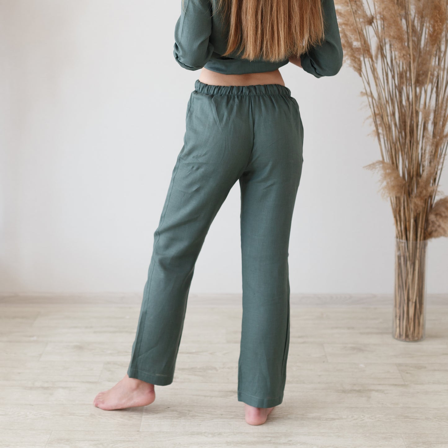 Women's Green Pajama Bottom with White Piping - Back View