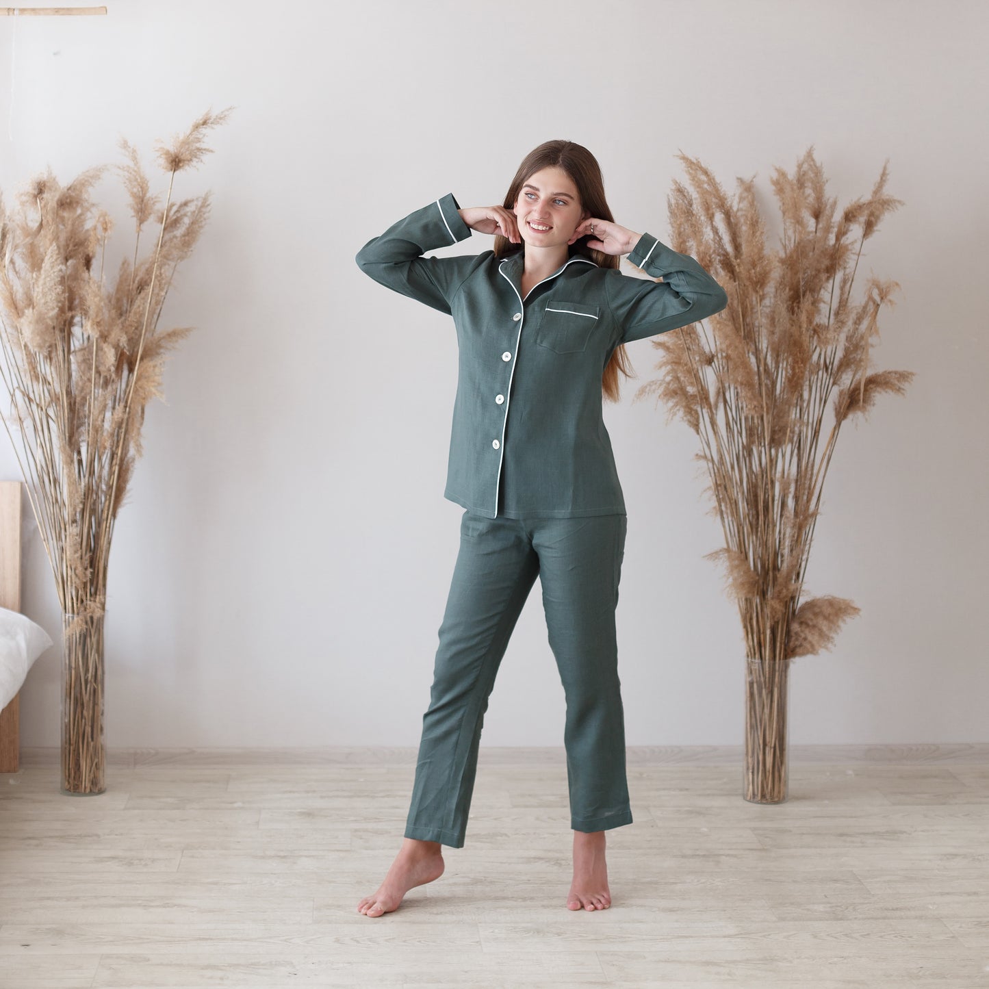 Women's Green Pajama Top with White Piping