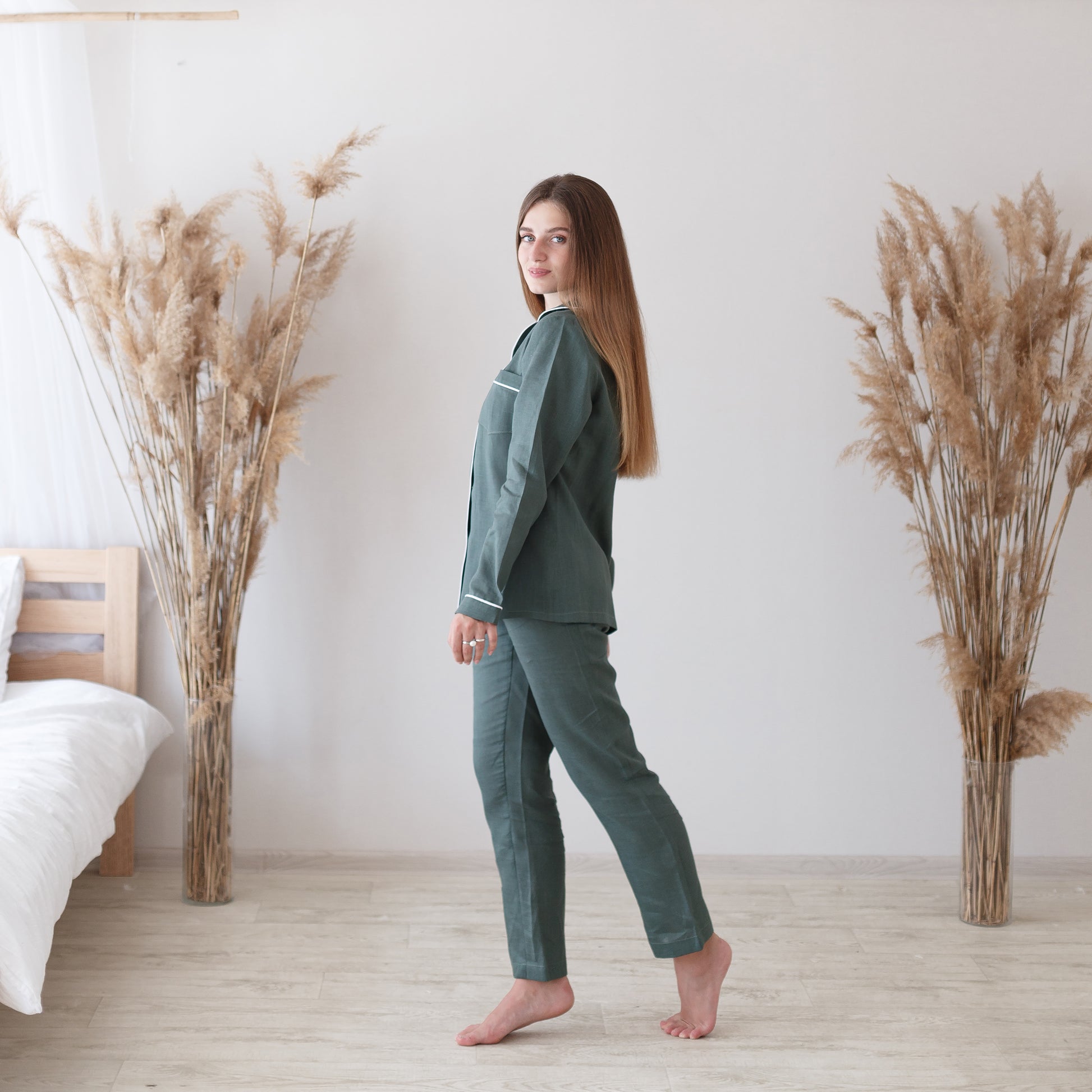 Women's Green Nightwear with White Piping - Front View