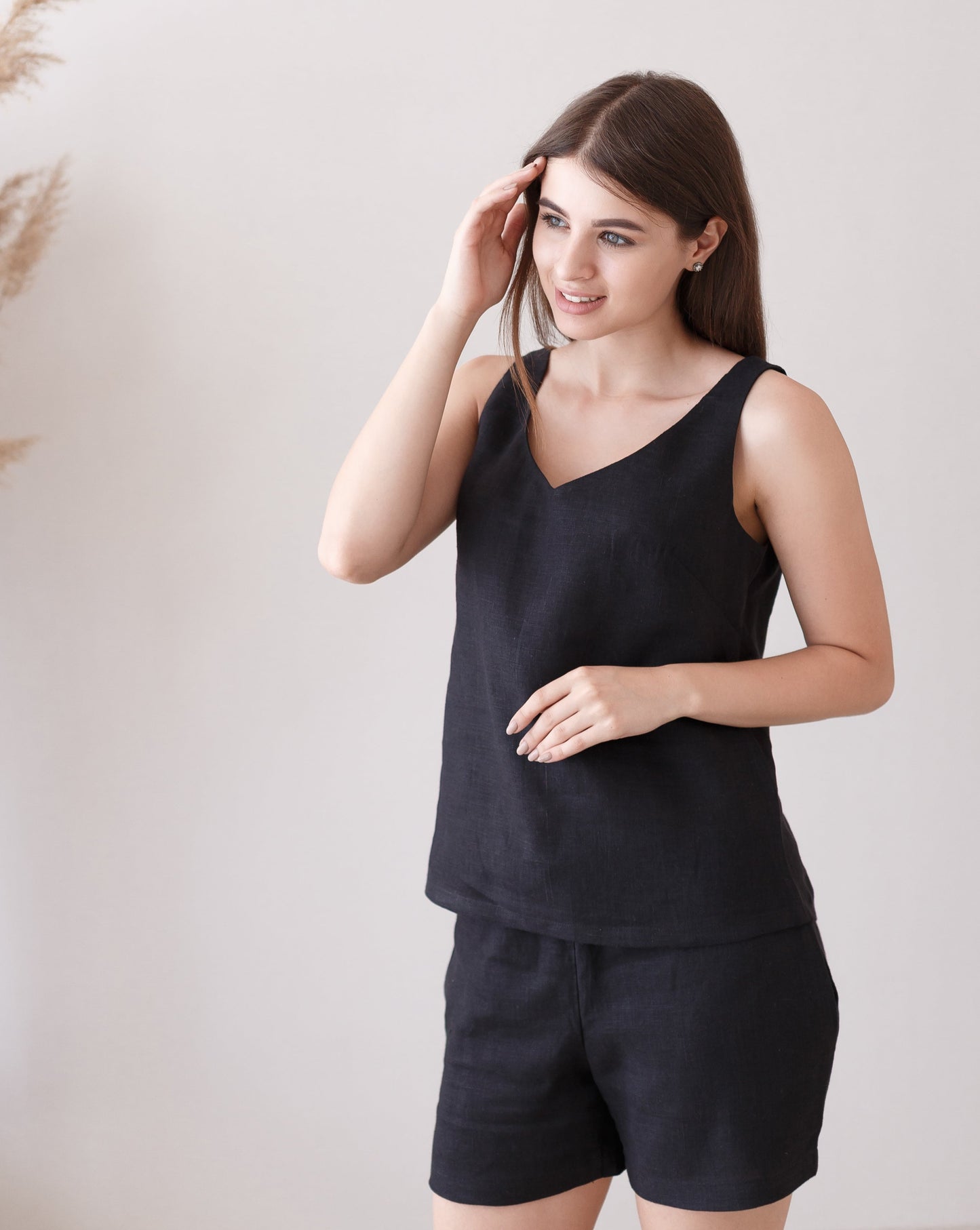 Relaxed fit black linen tank top for sleepwear