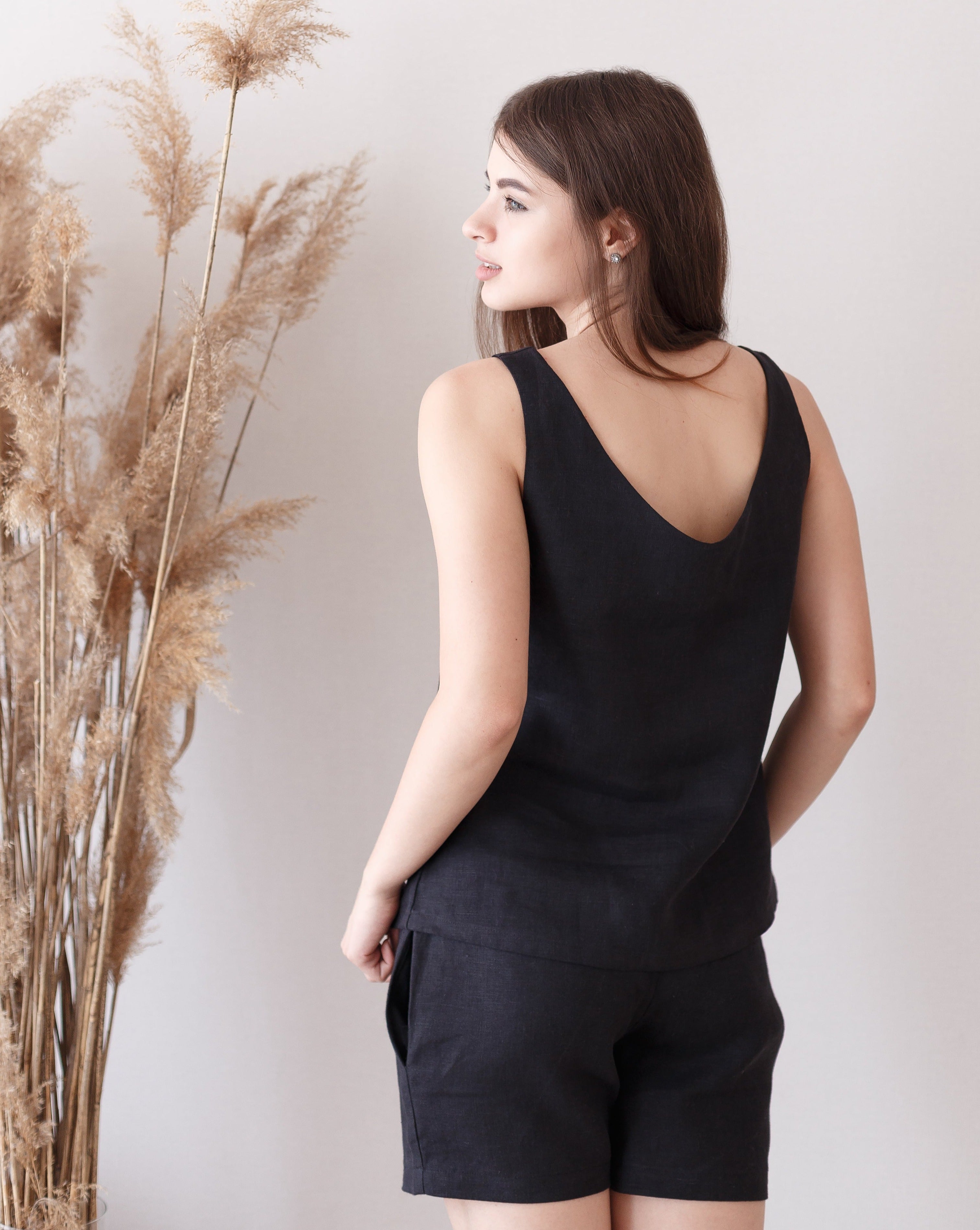 Black Linen Sleepwear Tank Top with Matching Shorts Beanchy