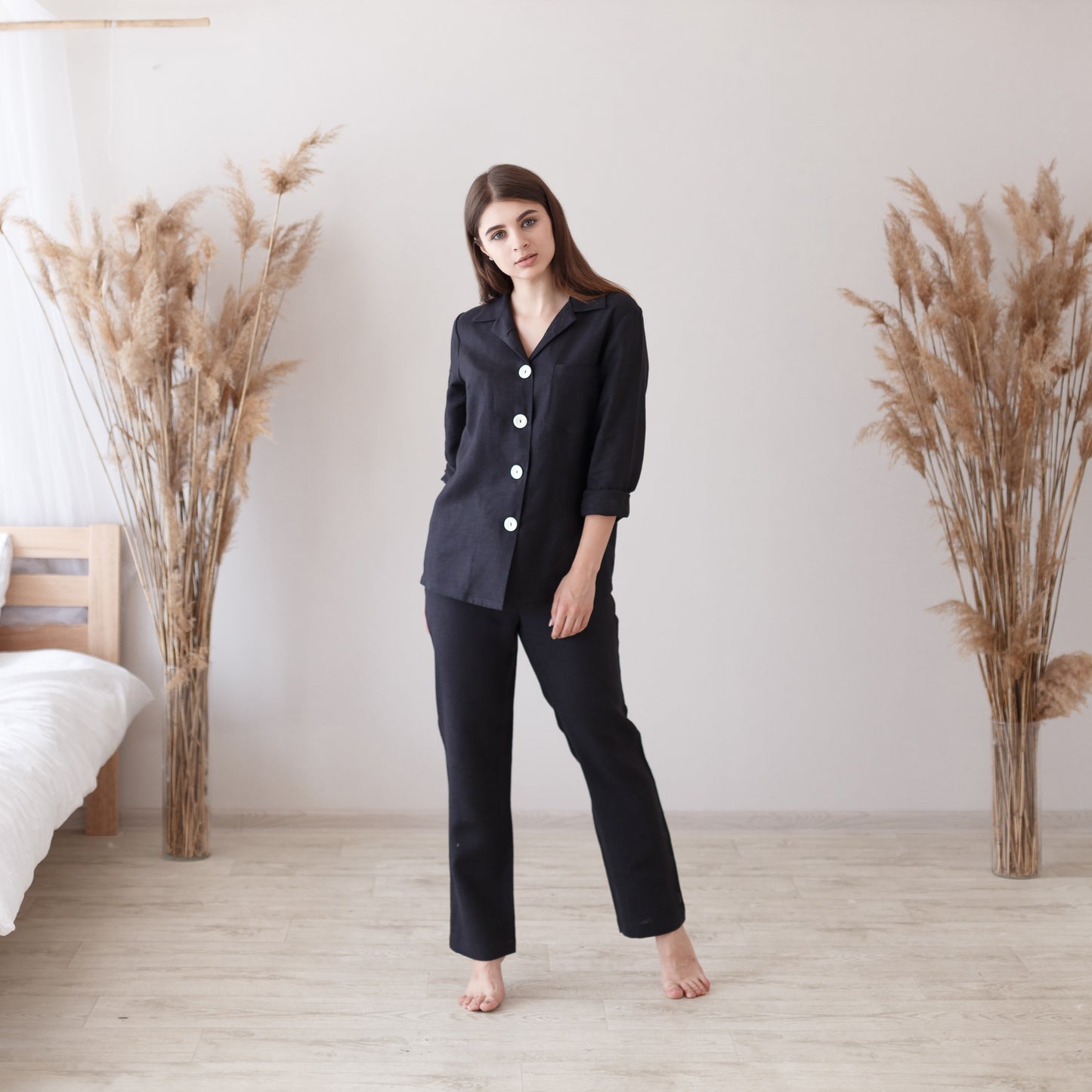 Black linen loungewear with pants