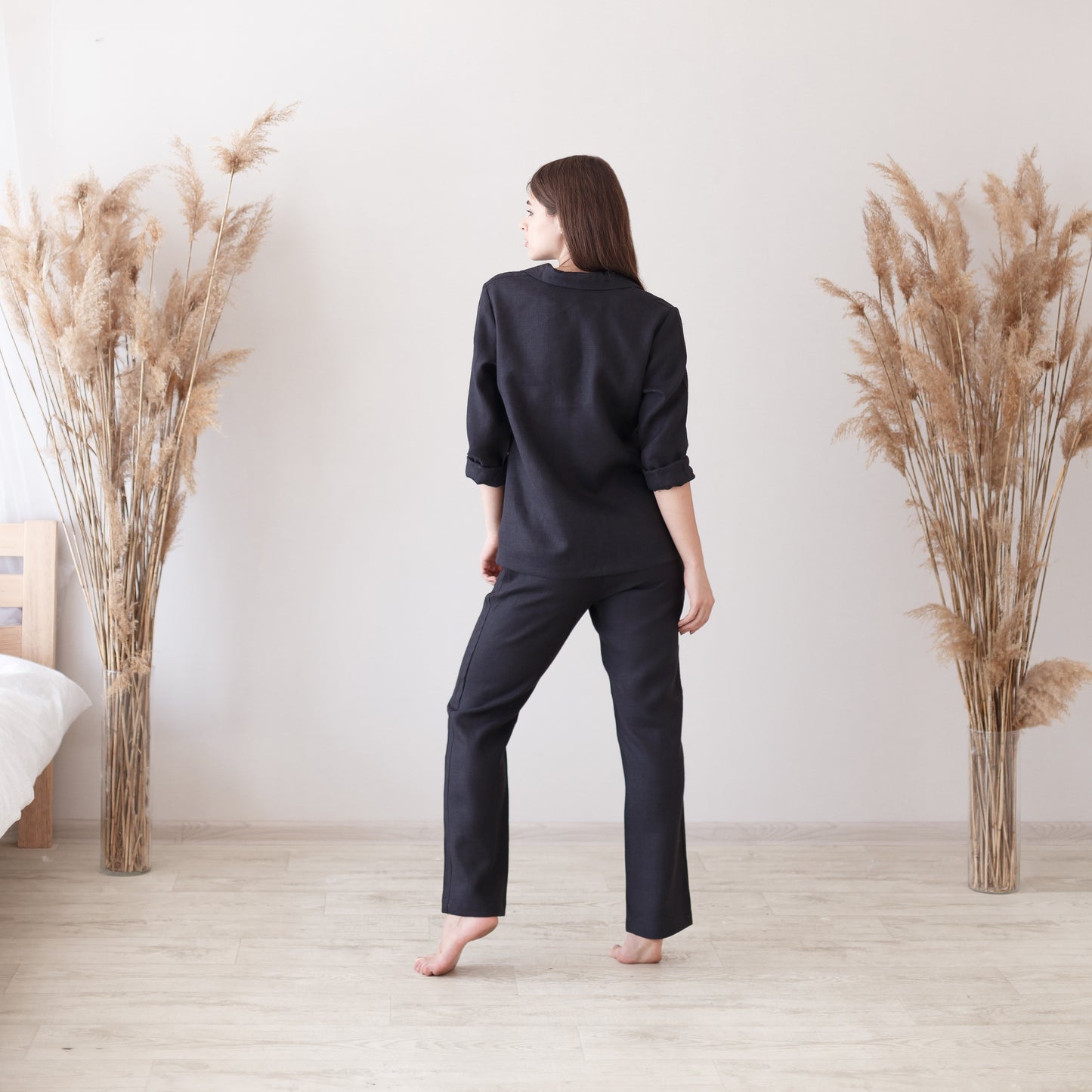 Black linen loungewear with pants