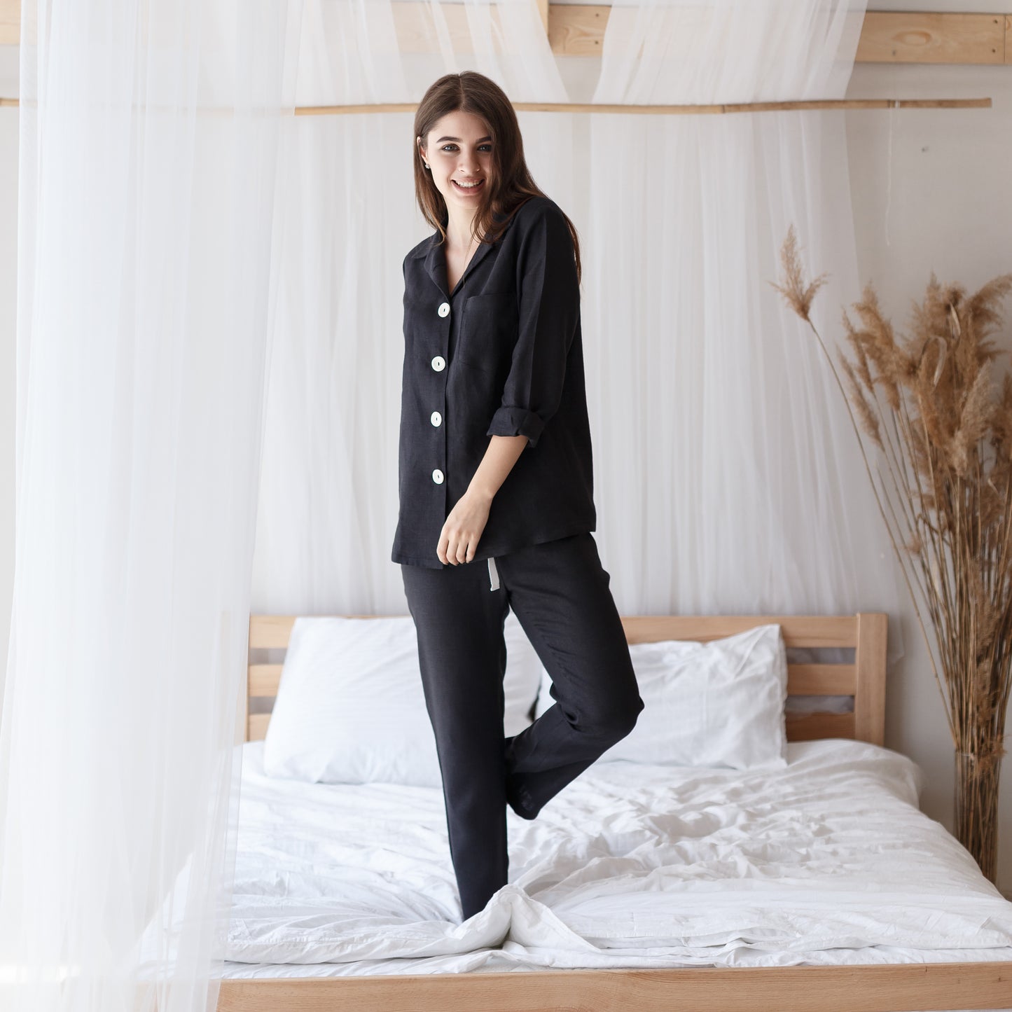 Black linen loungewear with pants