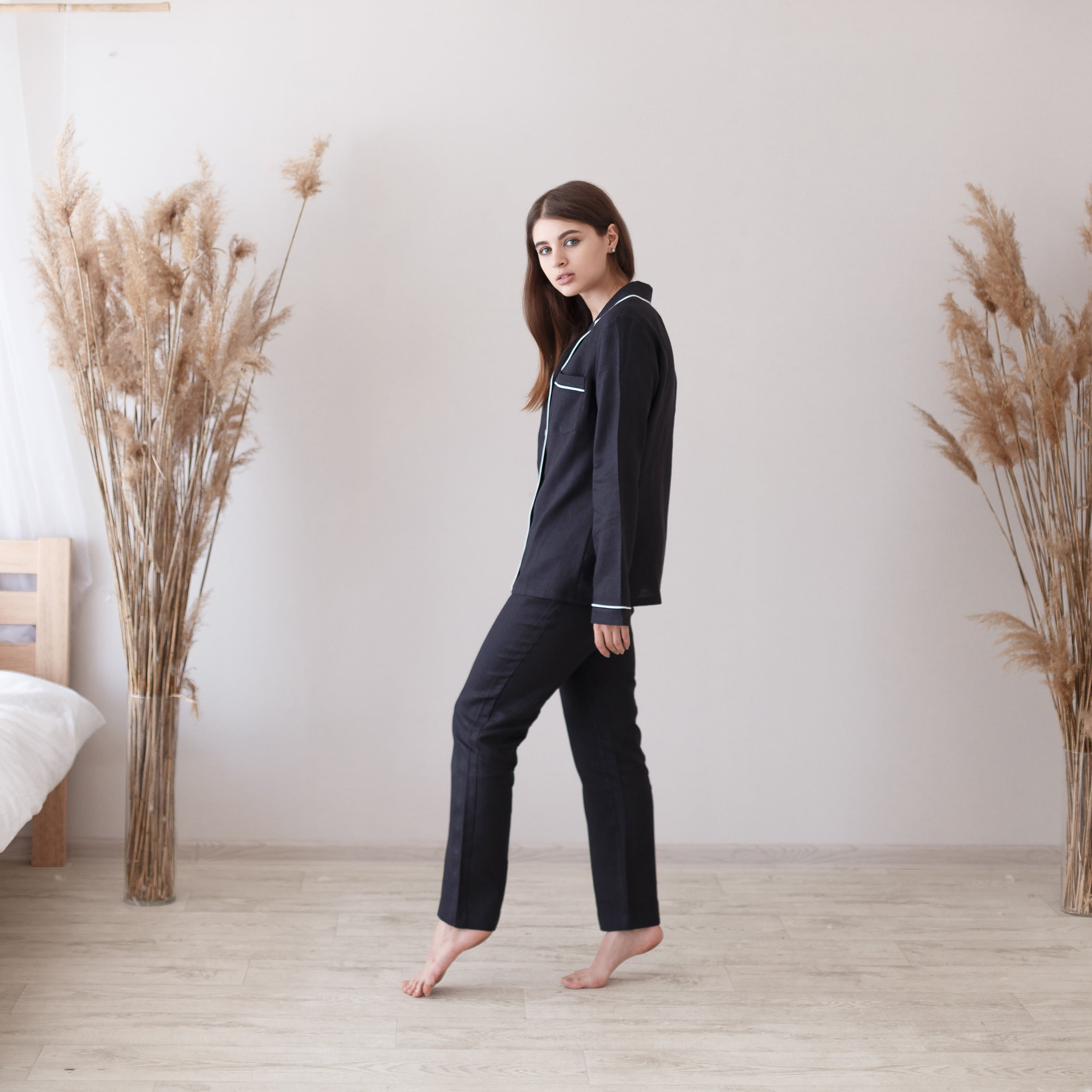 Black linen pyjamas new arrivals