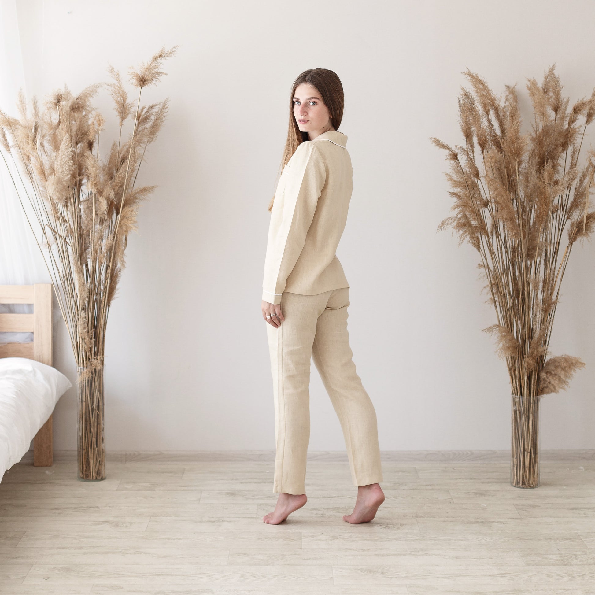 Beige Linen Pajama Set with Piping - Back View