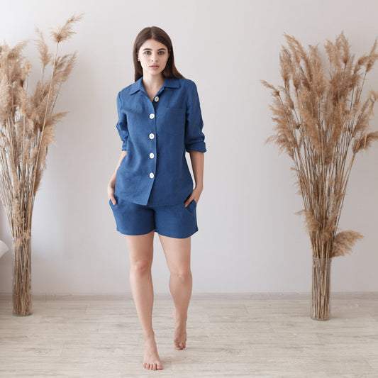 Blue linen shirt and shorts set