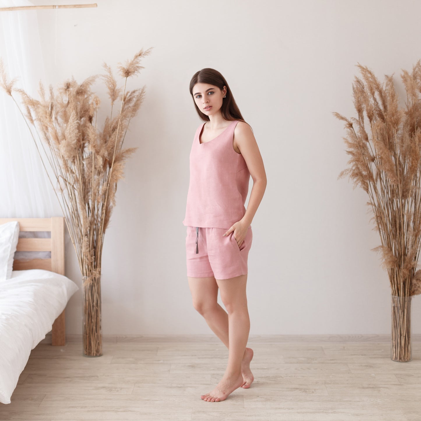 Pink linen tank shirt and night shorts set