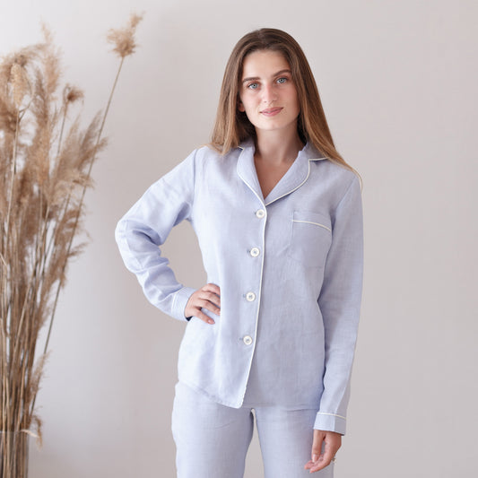 Close-up photo of the sky blue linen pajama set, showing the texture and details of the fabric