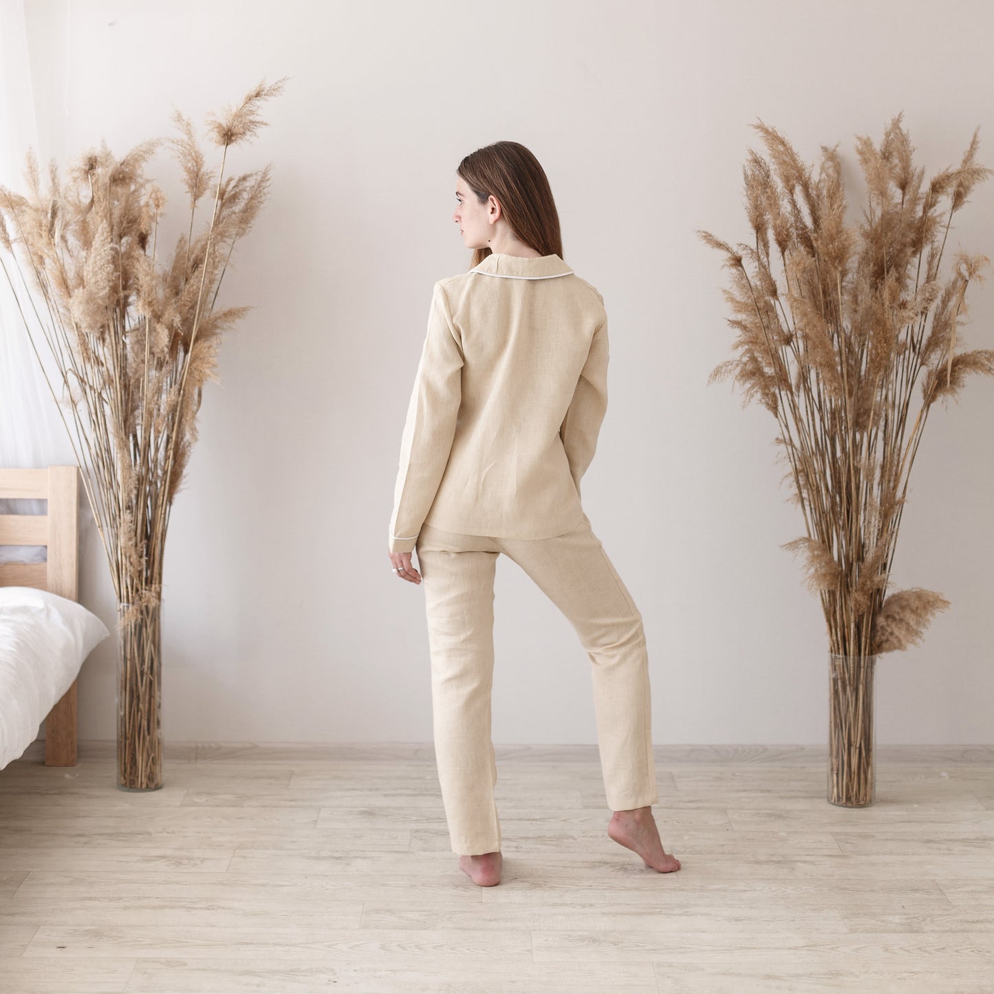 Beige Linen Pajama Set with Piping - Back View