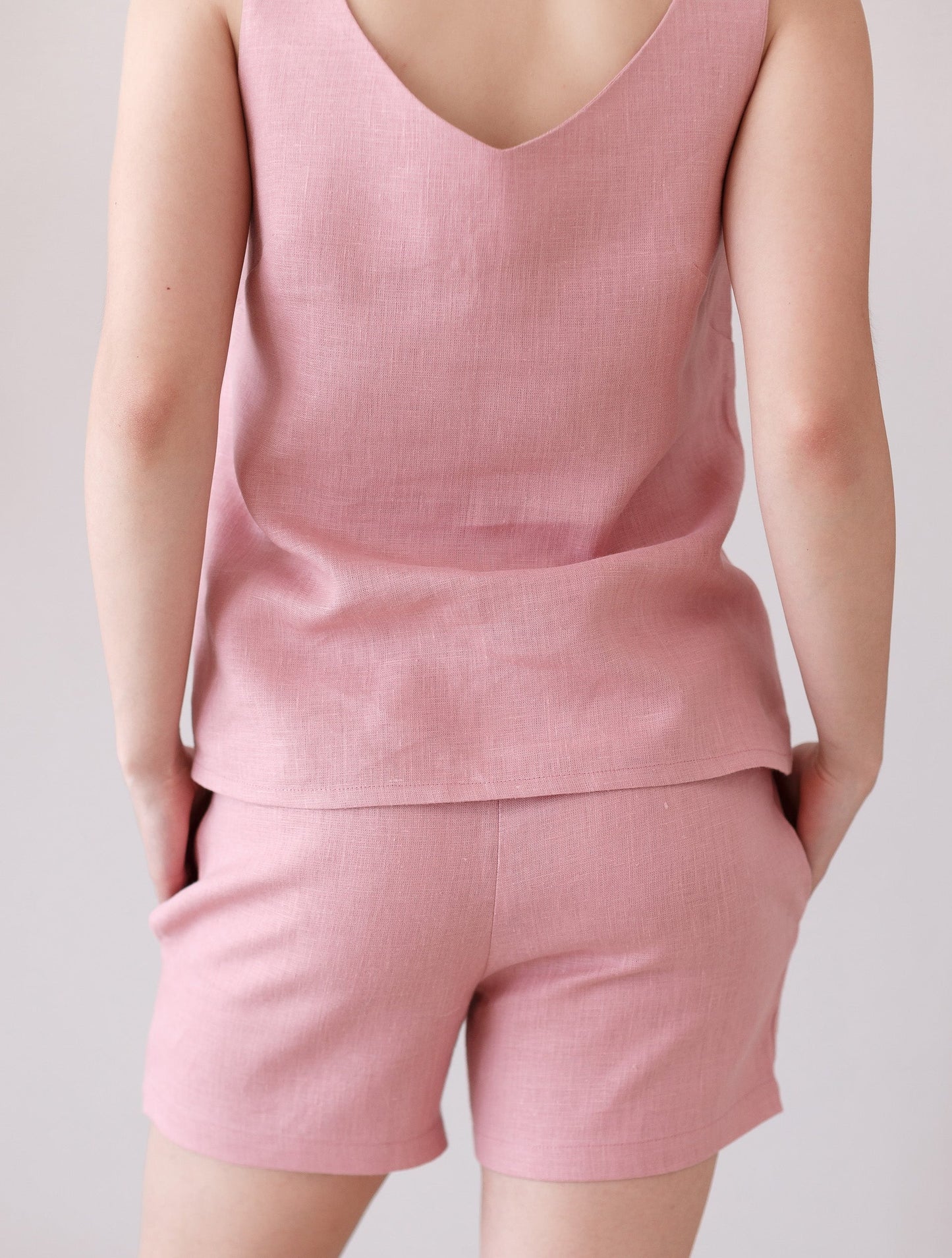 Pink linen tank shirt and night shorts set