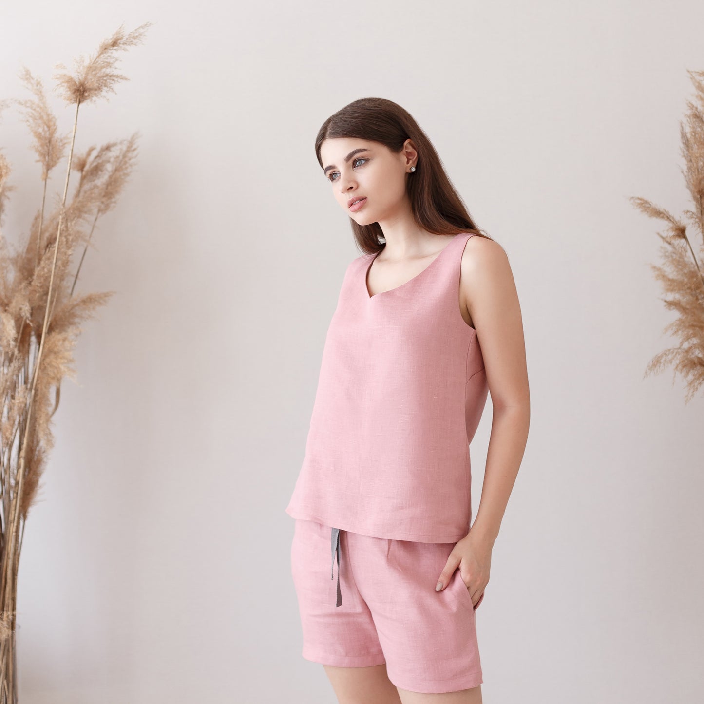 Pink linen tank shirt and night shorts set