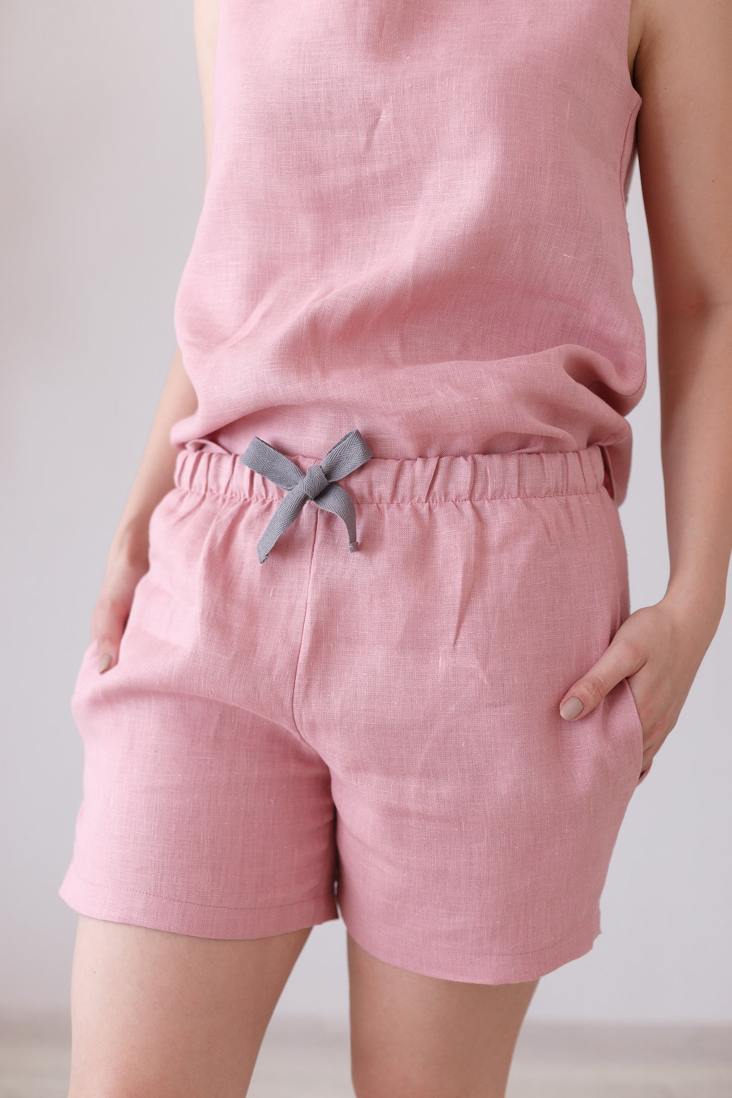 Pink linen tank shirt and night shorts set